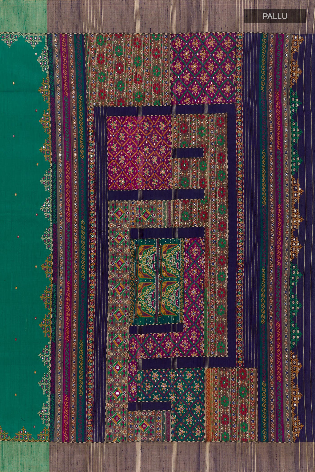 Close up image of the pallu of Green Tussar Silk Saree with Embroidery on the body and Embroidery Border. 