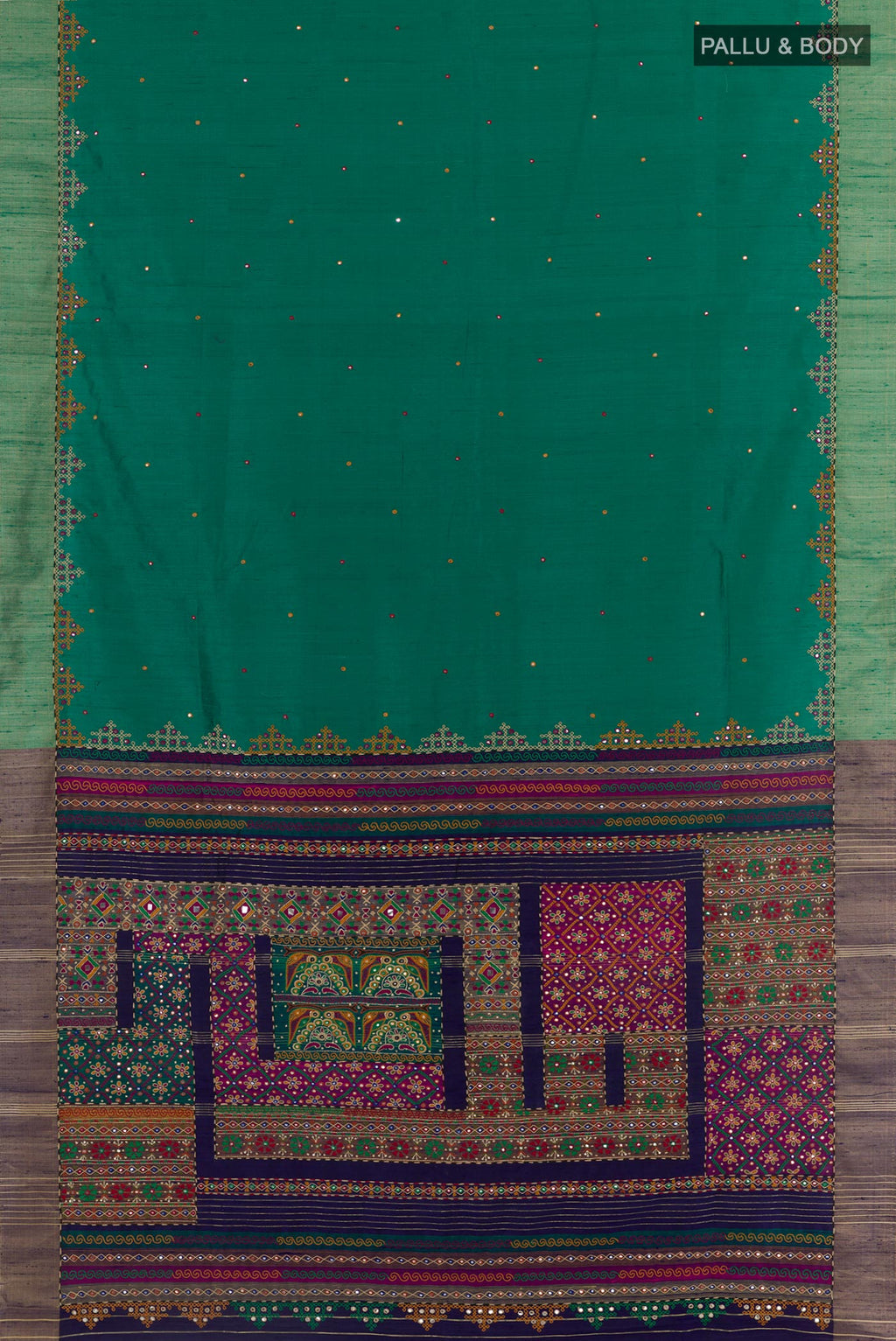 Flat view of Green Tussar Silk Saree with Embroidery on the body and Embroidery Border. 