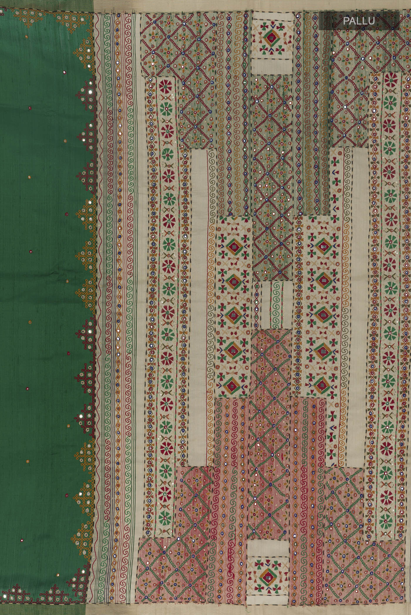 Close up image of the pallu of Pure Silk Green Raw Saree with Embroidery on the body and Embroidery Border. 