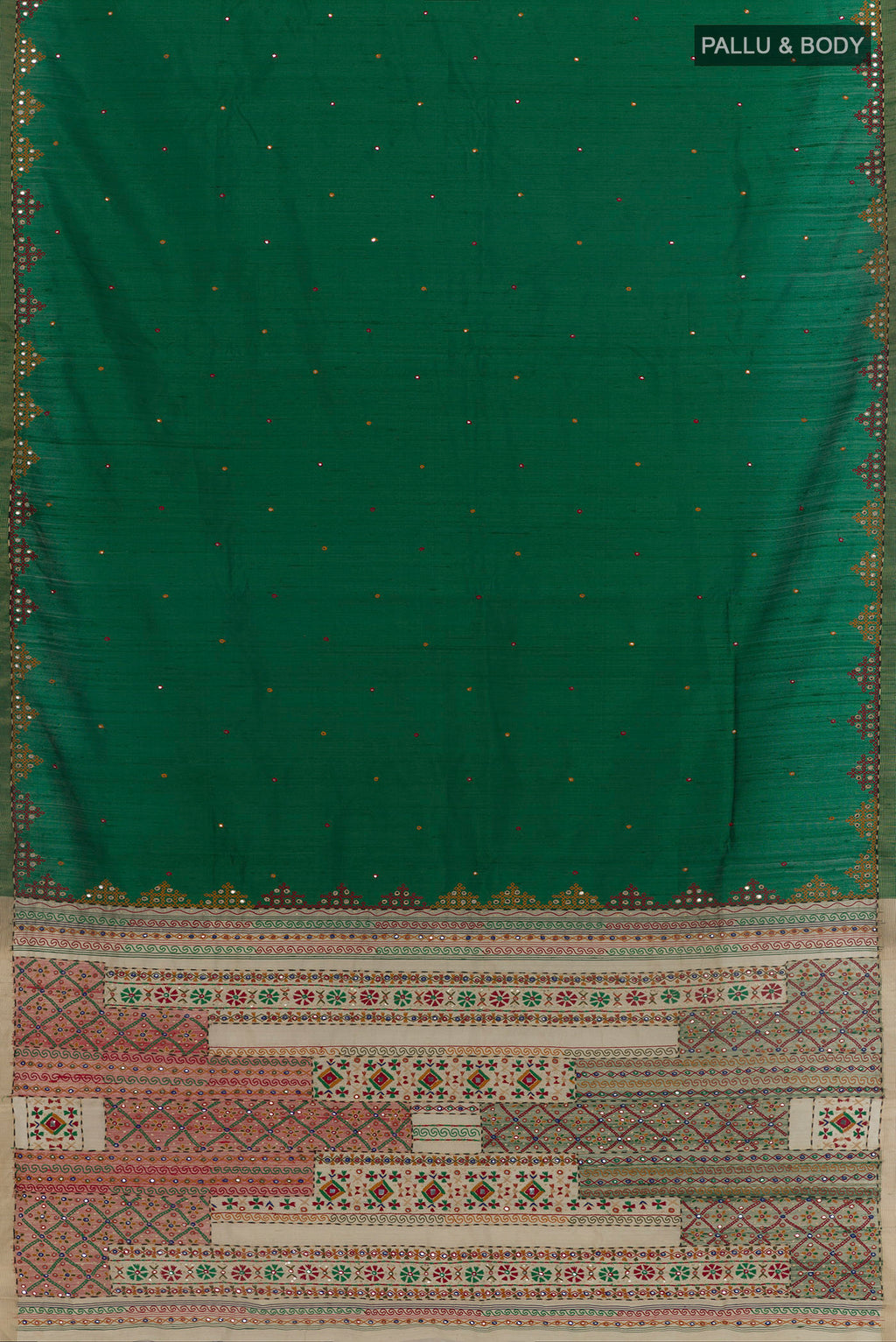 Flat view of Pure Silk Green Raw Saree with Embroidery on the body and Embroidery Border. 
