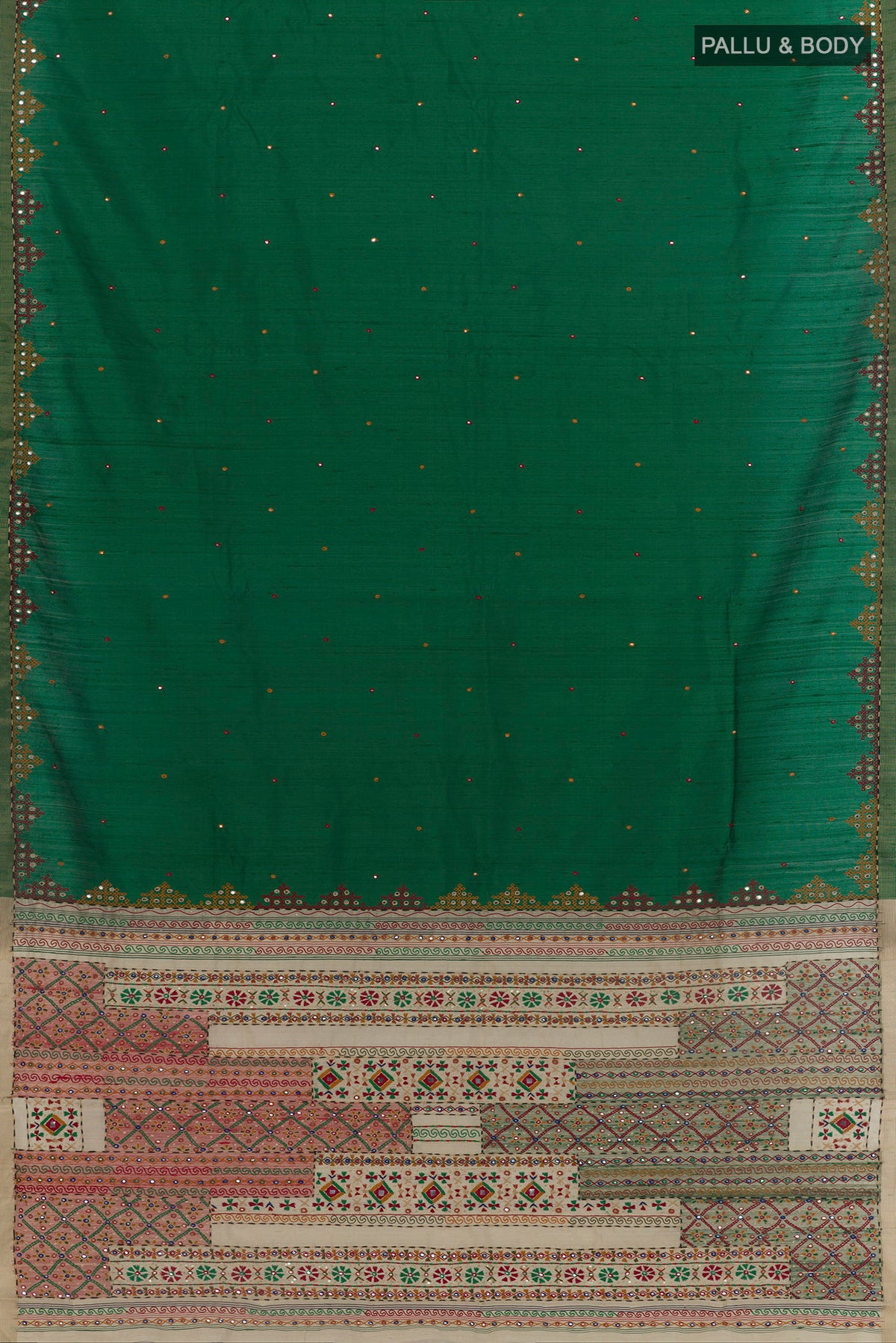 Flat view of Pure Silk Green Raw Saree with Embroidery on the body and Embroidery Border. 
