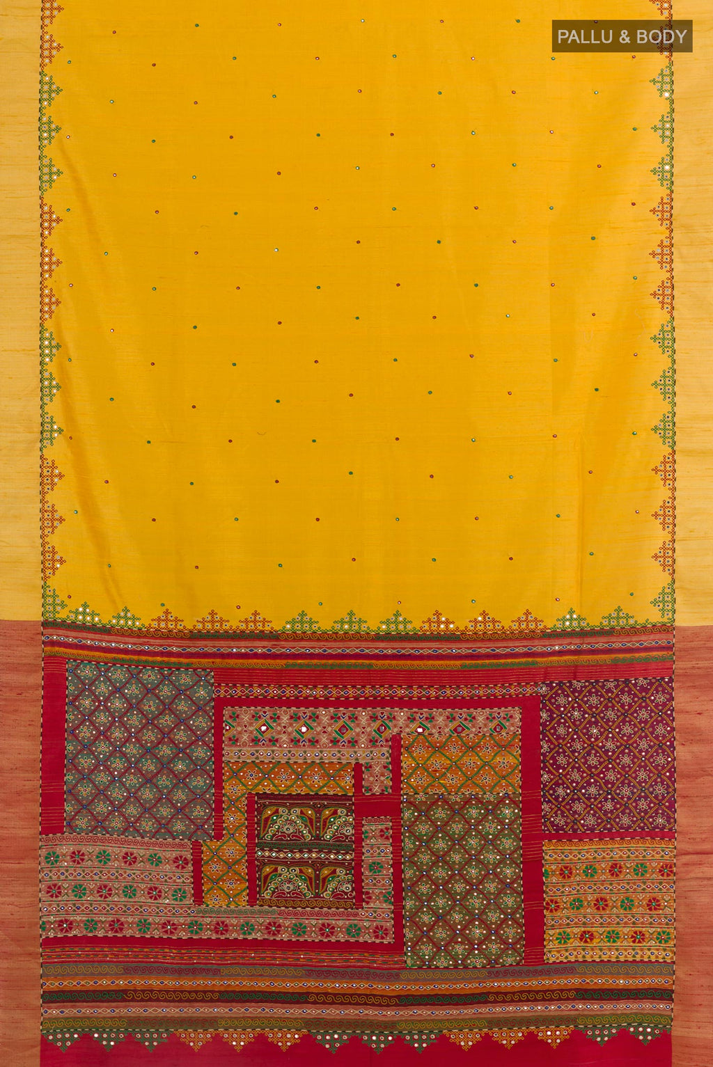 Flat view of Yellow Tussar Silk Saree with Embroidery on the body and Embroidery Border. 