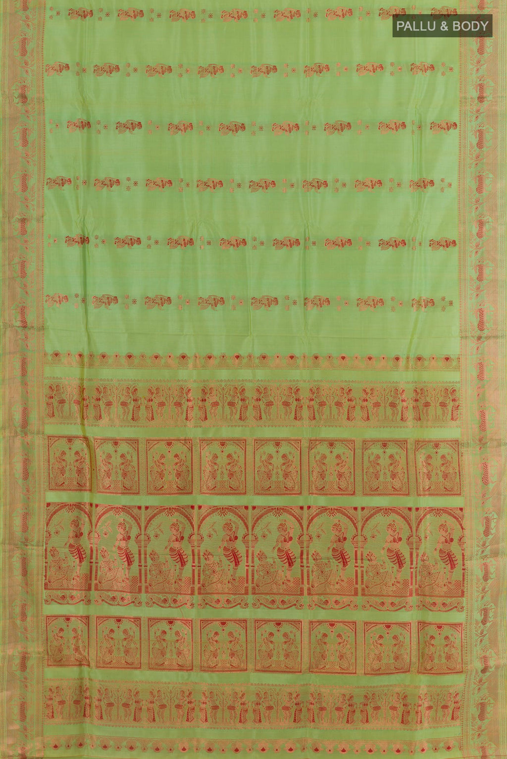 Flat view of Green Baluchari Silk Saree with Zari Butta on the body and Zari Border. 