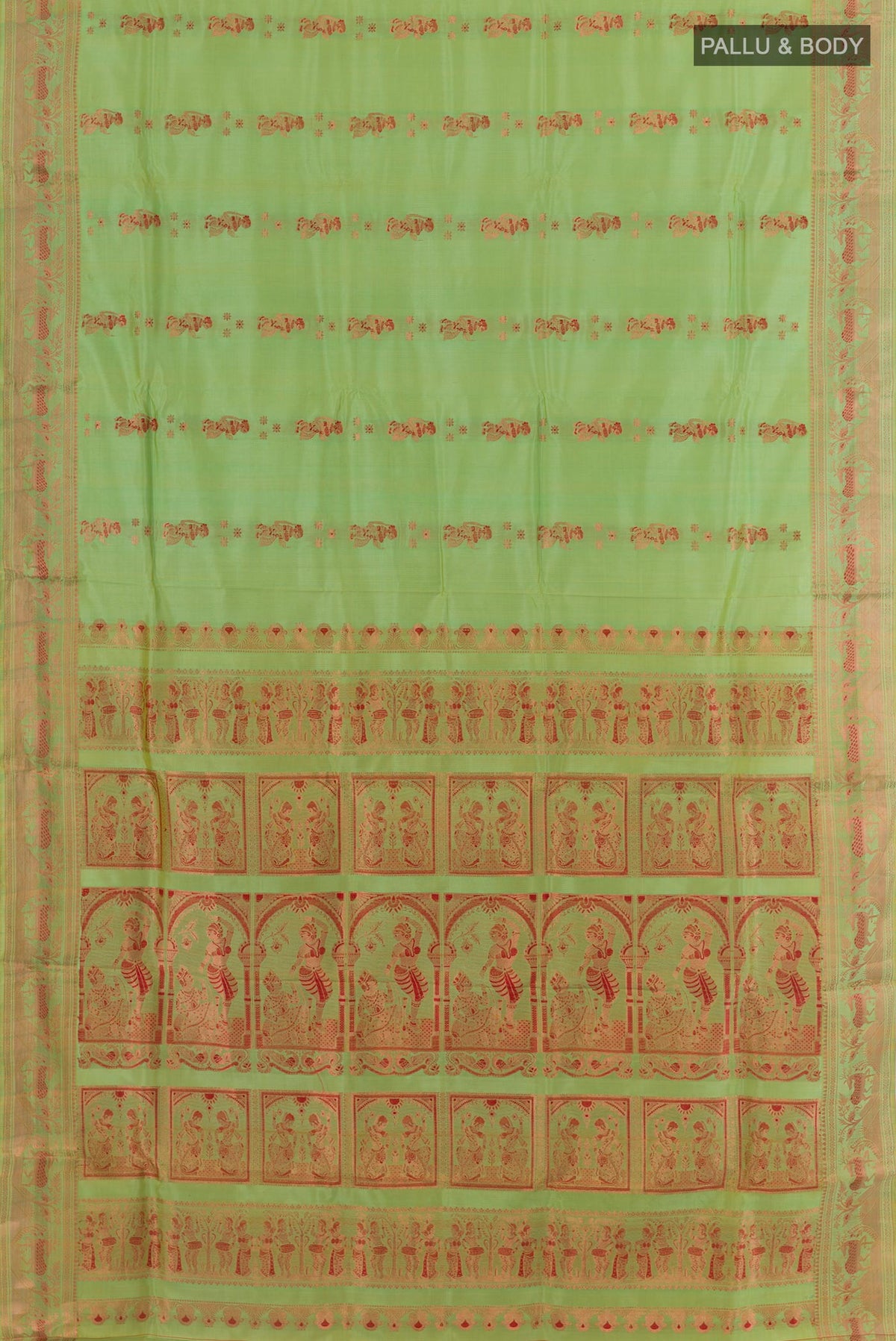 Flat view of Green Baluchari Silk Saree with Zari Butta on the body and Zari Border. 