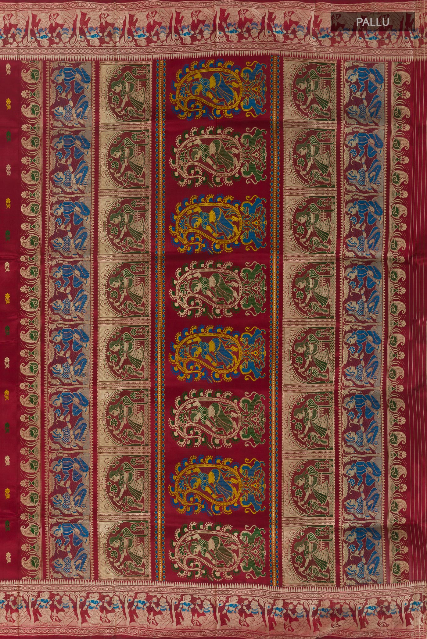 Close up image of the pallu of Maroon Baluchari Silk Saree with Zari And Thread Butta on the body and Zari Border. 