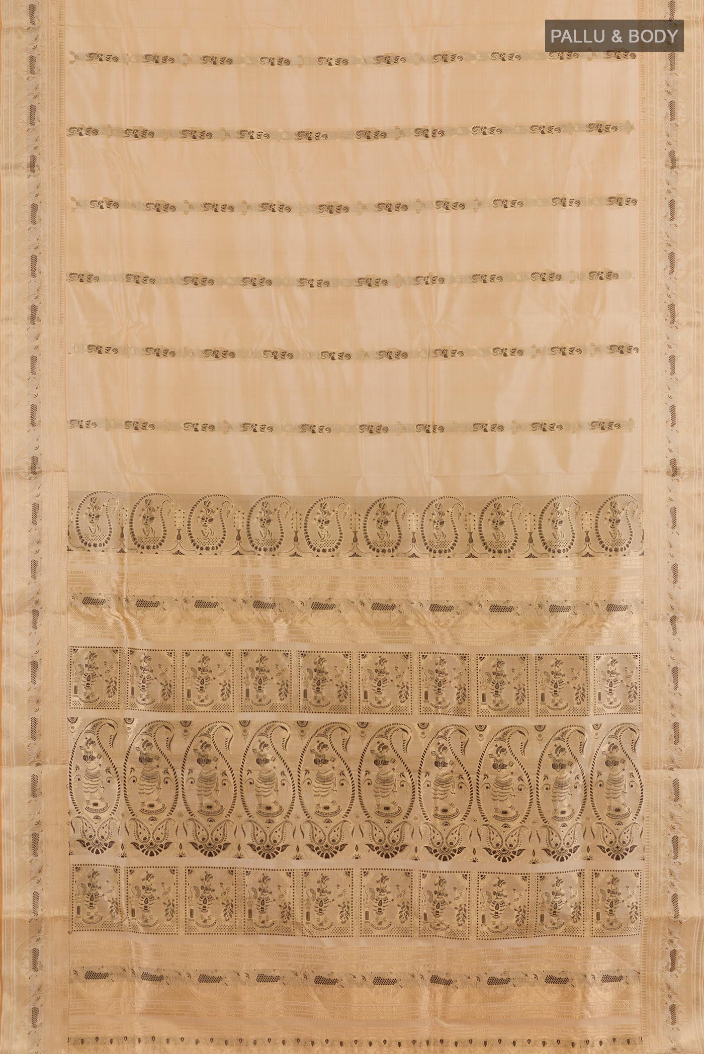 Flat view of Sandal Baluchari Silk Saree with Zari And Thread Butta on the body and Zari Border. 