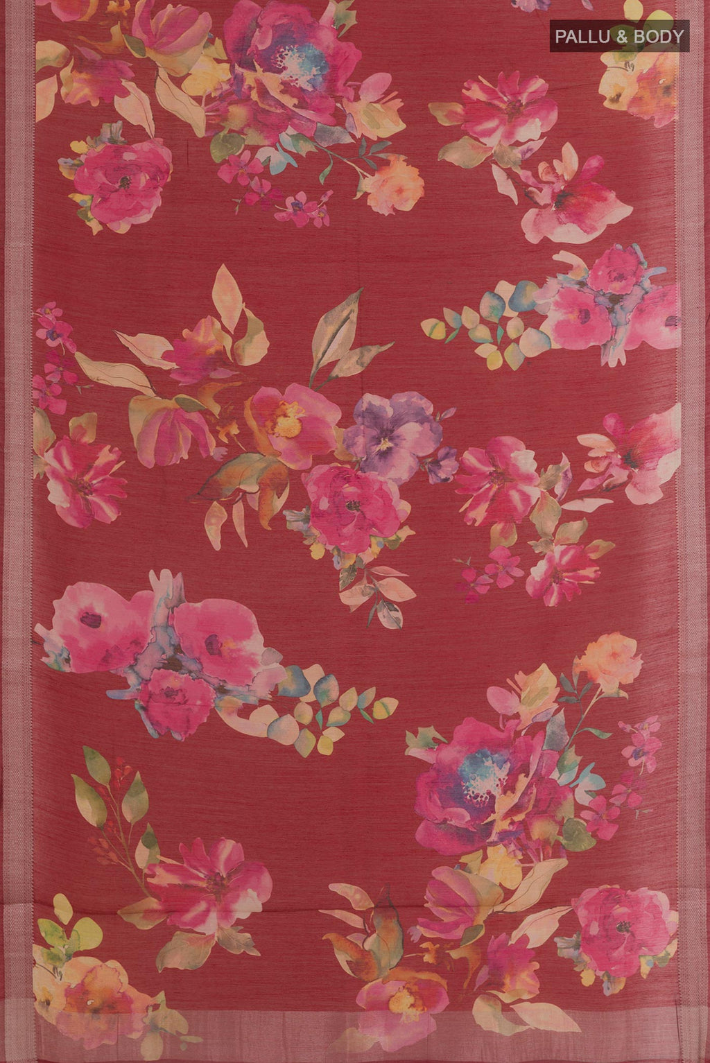 Flat view of Maroon Tussar Silk Saree with Floral Print on the body and Zari Border. 
