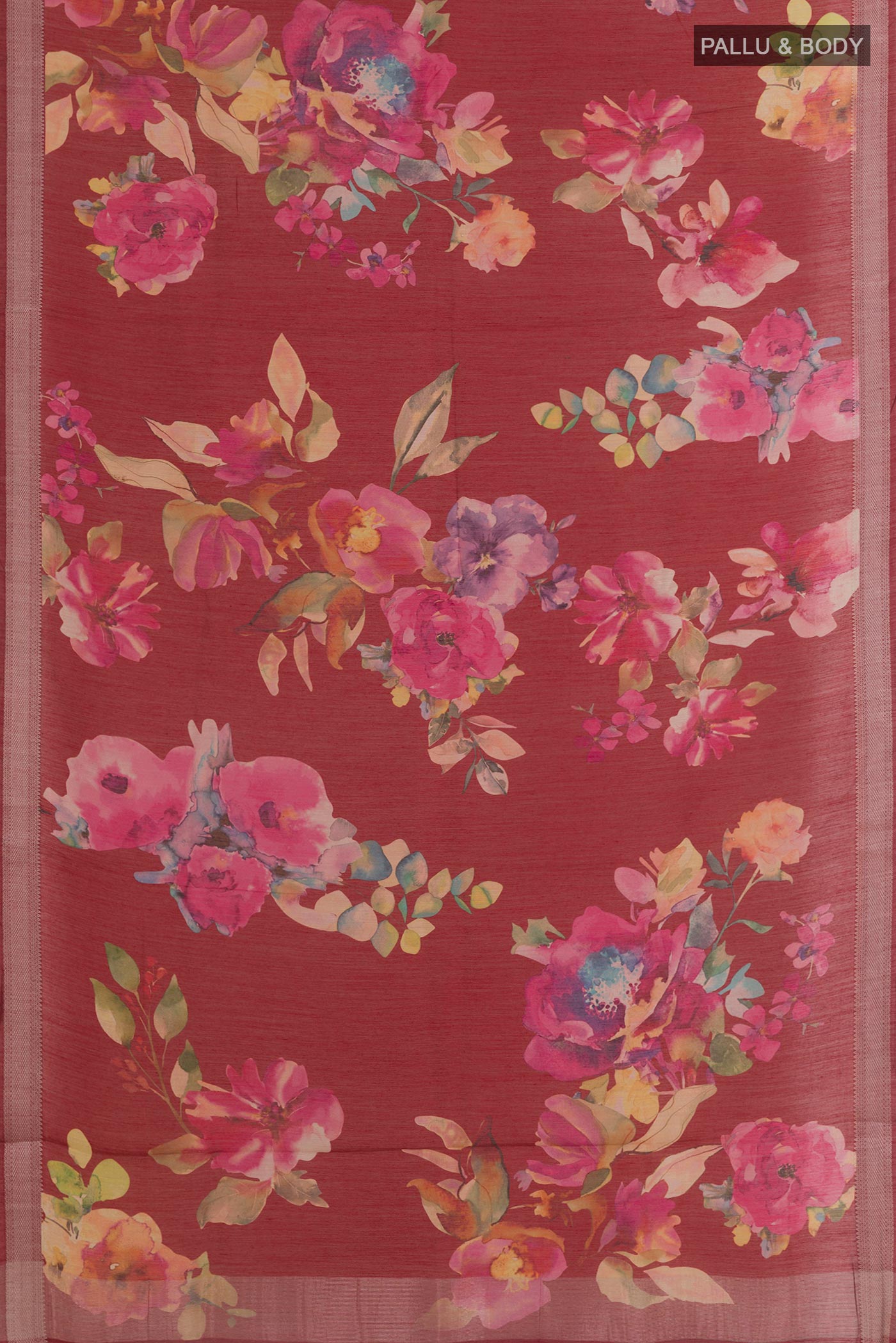Flat view of Maroon Tussar Silk Saree with Floral Print on the body and Zari Border. 