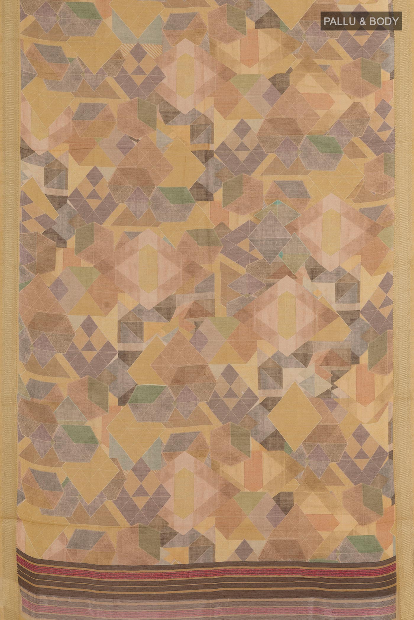 Flat view of Multi Color Tussar Silk Saree with Geometric Print on the body and Zari Border. 