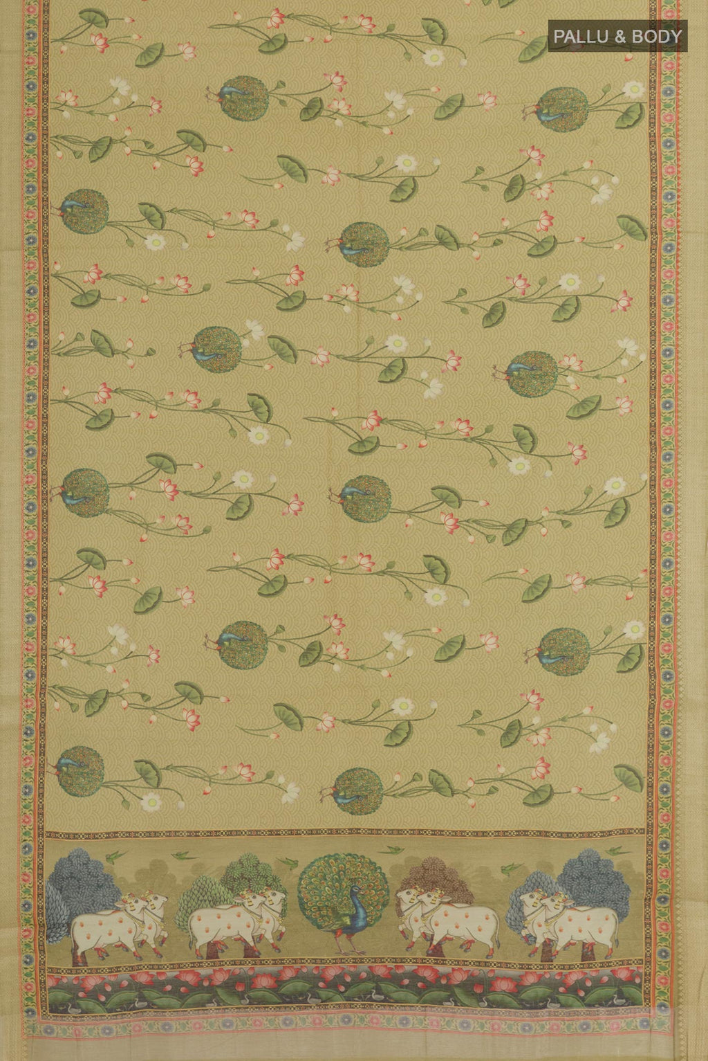 Flat view of Green Tussar Silk Saree with Printed design on the body and Zari Border. 