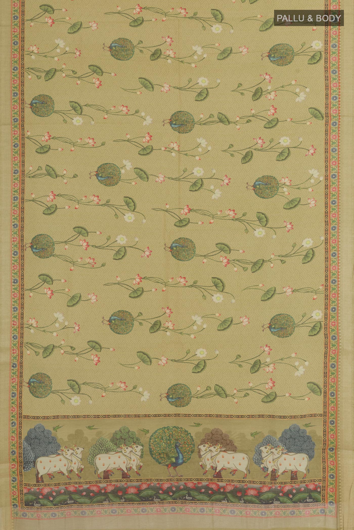 Flat view of Green Tussar Silk Saree with Printed design on the body and Zari Border. 