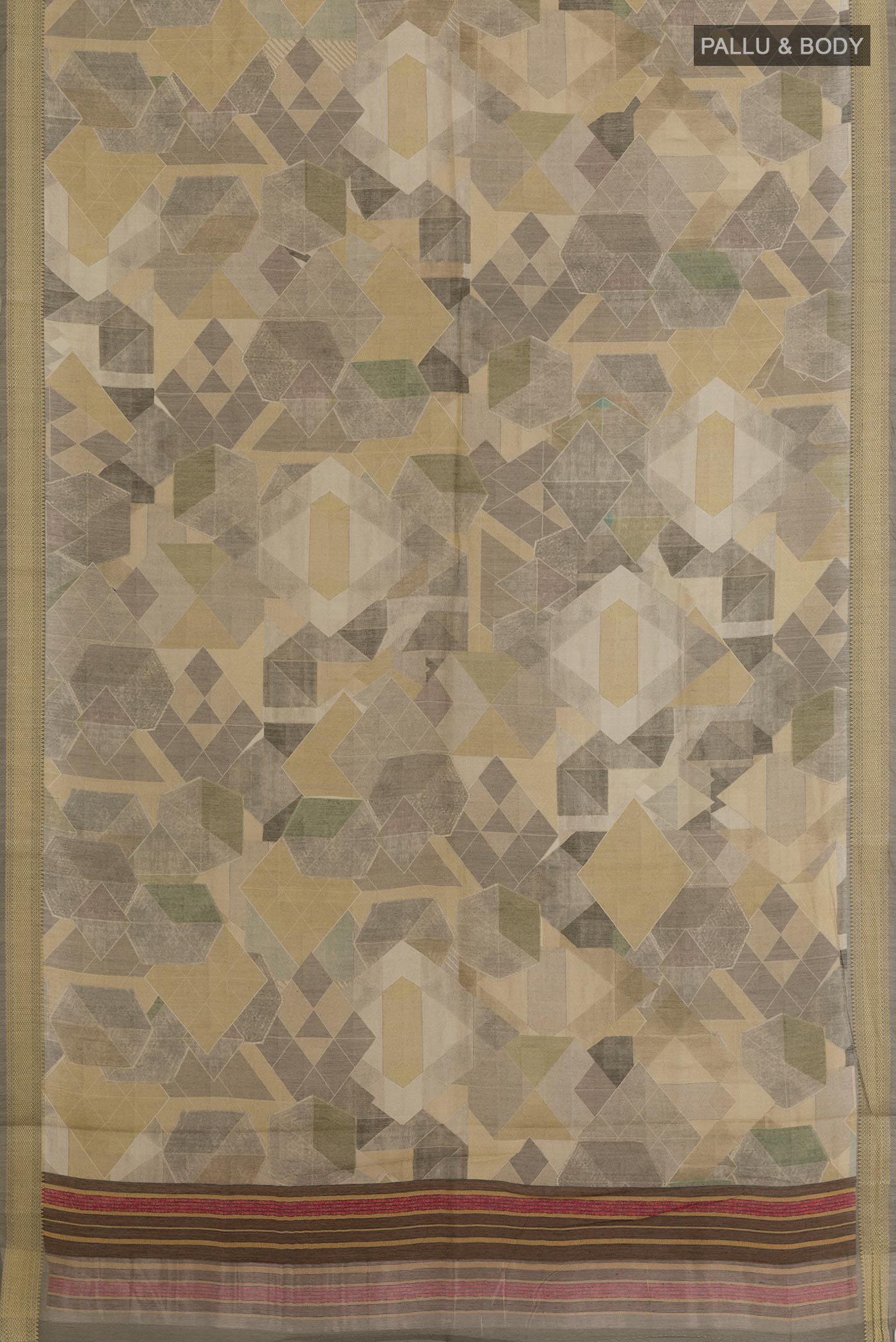 Flat view of Multi Color Tussar Silk Saree with Geometric Print on the body and Zari Border. 