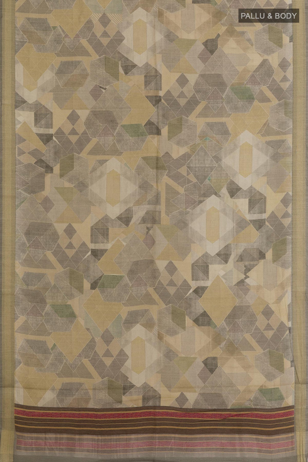 Flat view of Multi Color Tussar Silk Saree with Geometric Print on the body and Zari Border. 