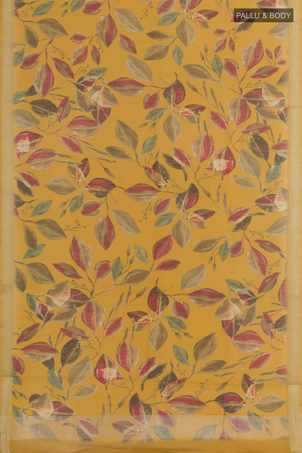 Flat view of Mustard Tussar Saree with Printed design on the body and Zari Border. 