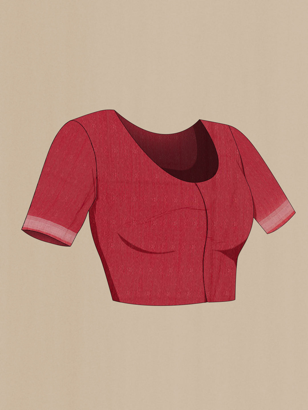 Close up image of the blouse of Red Tussar Saree with Printed design on the body and Zari Border. 