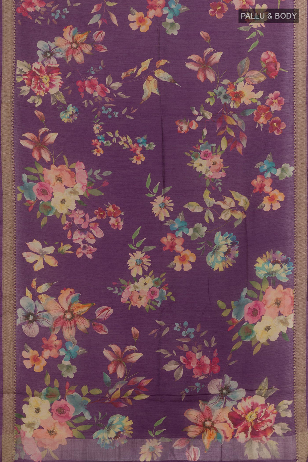 Flat view of Violet Tussar Silk Saree with Floral Print on the body and Zari Border. 