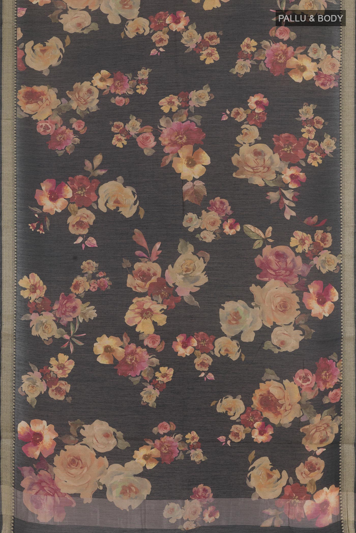 Flat view of Black Tussar Saree with Floral Print on the body and Zari Border. 