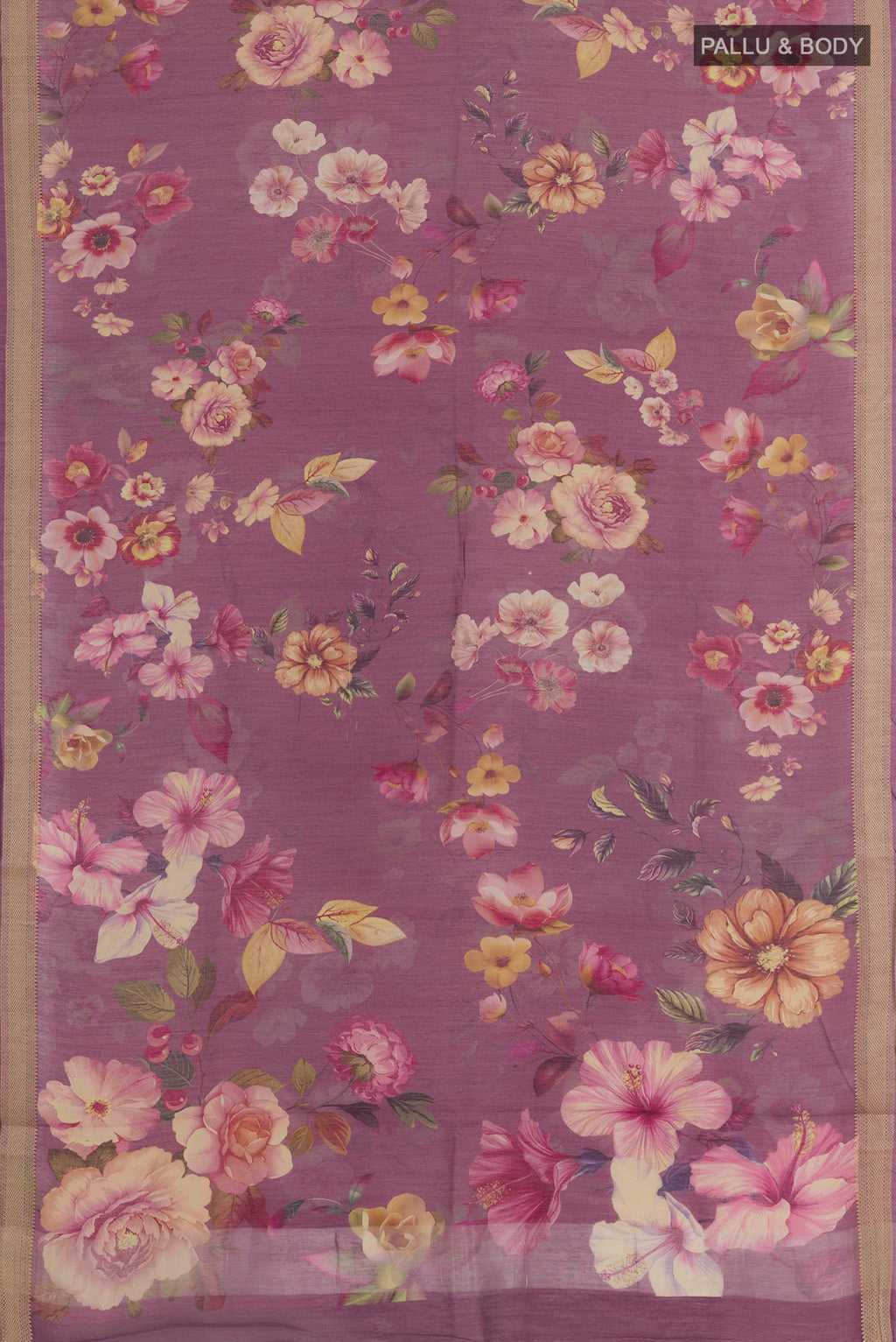 Flat view of Purple Tussar Silk Saree with Floral Print on the body and Zari Border. 