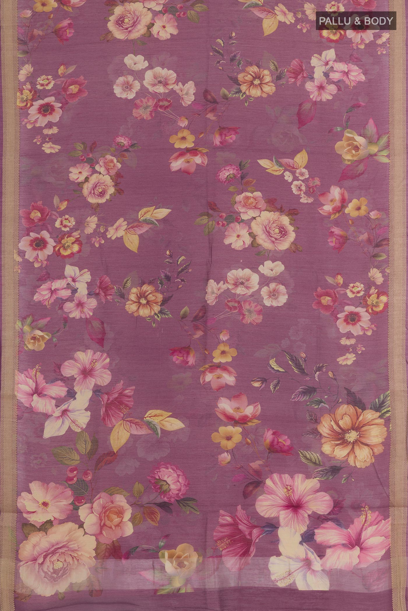 Flat view of Purple Tussar Silk Saree with Floral Print on the body and Zari Border. 
