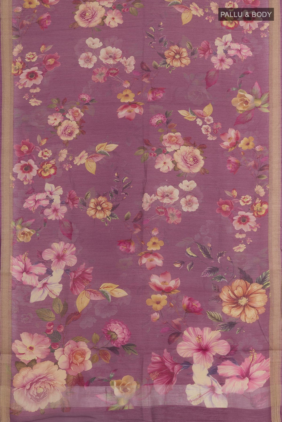 Flat view of Purple Tussar Silk Saree with Floral Print on the body and Zari Border. 