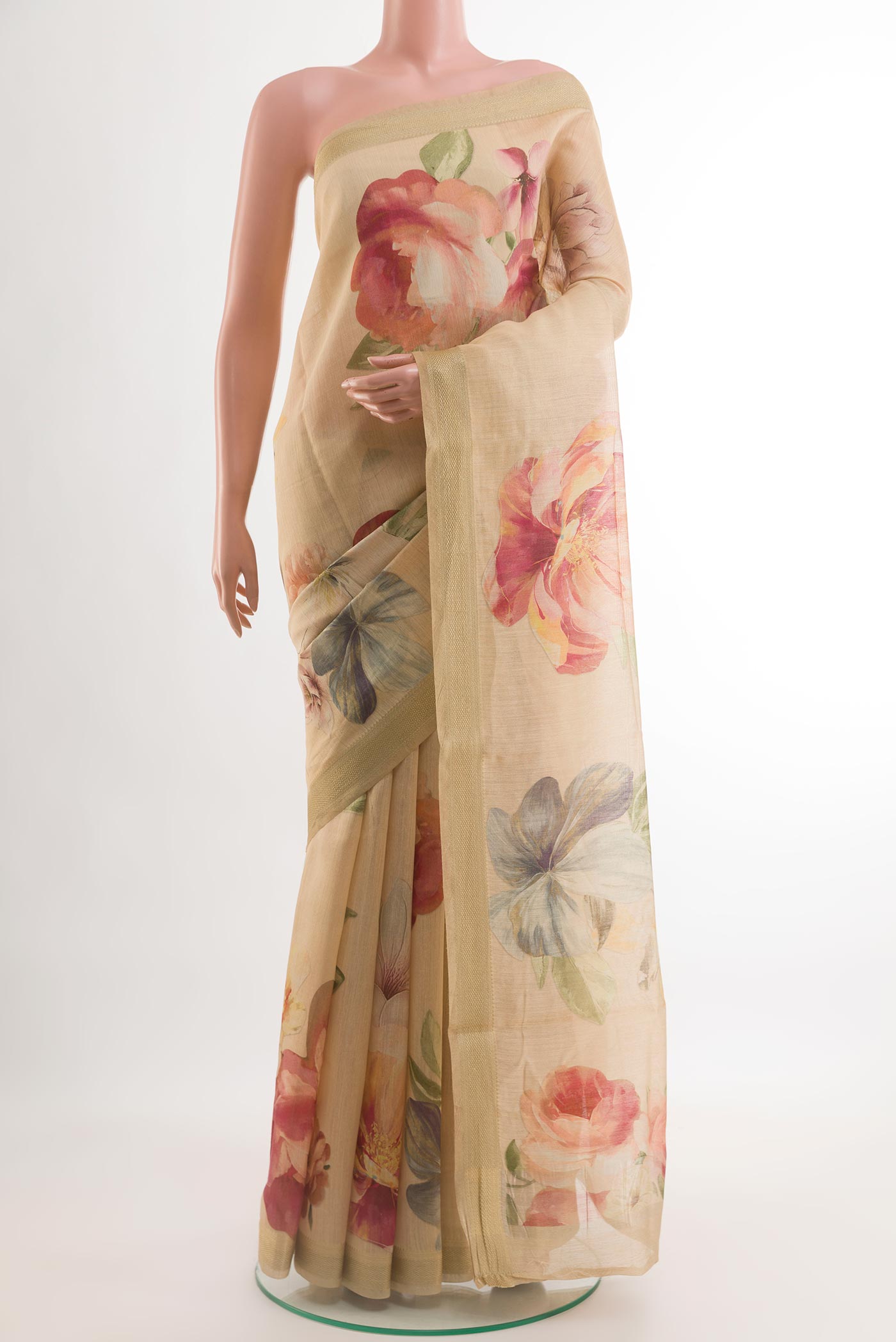 Sandal Tussar Silk Saree with Floral Print on the body and Zari Border.  displayed on a mannequin