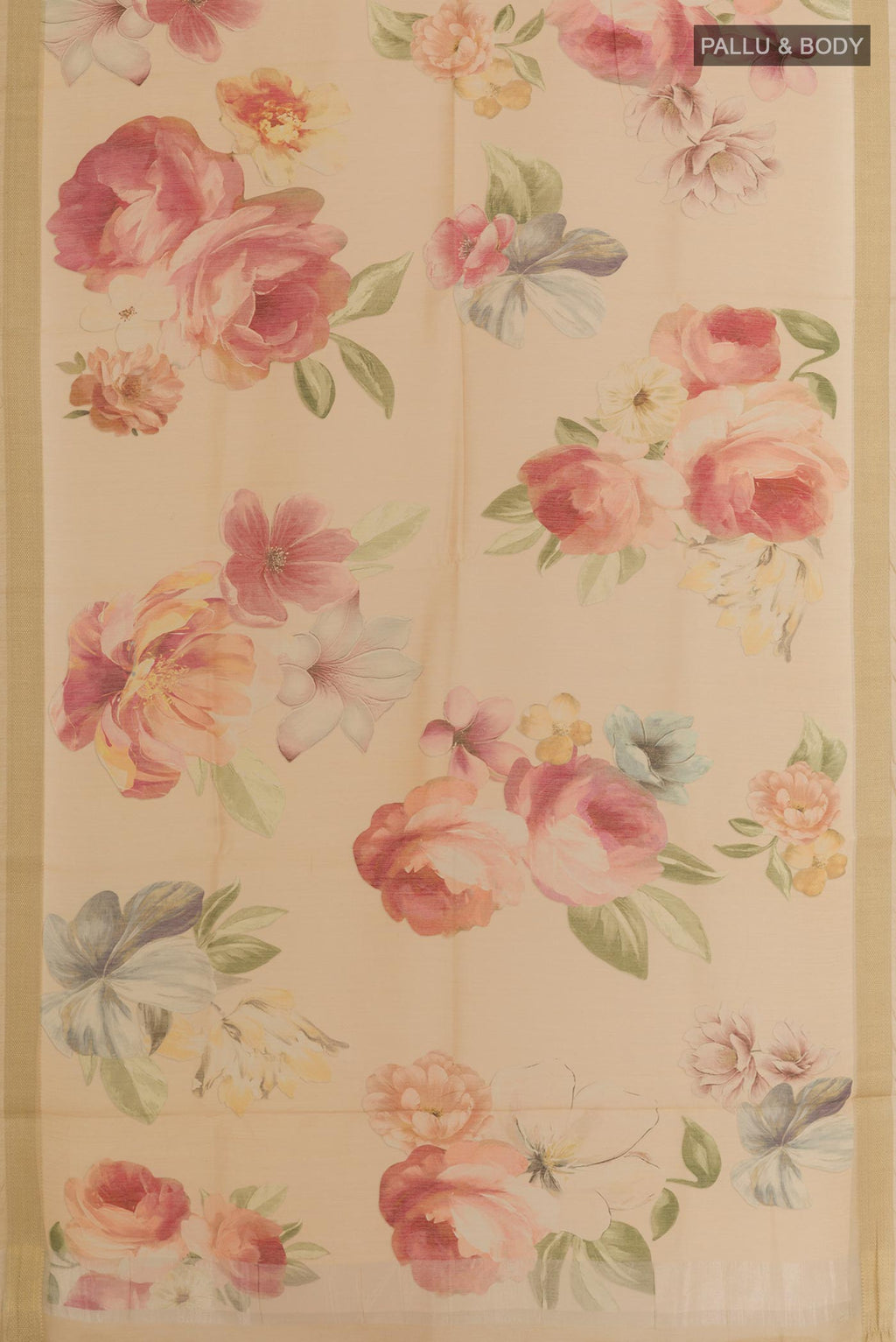 Flat view of Sandal Tussar Silk Saree with Floral Print on the body and Zari Border. 