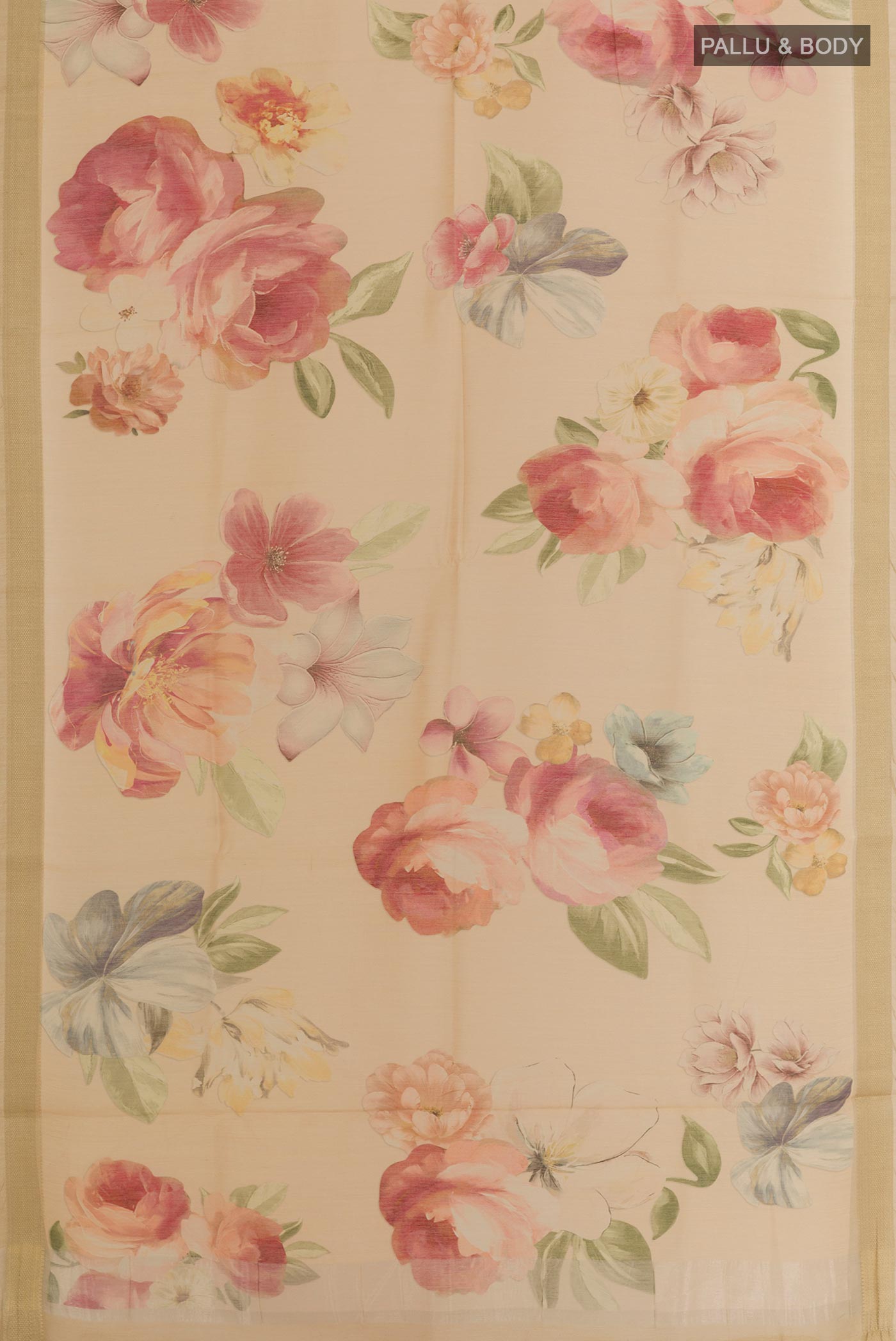 Flat view of Sandal Tussar Silk Saree with Floral Print on the body and Zari Border. 