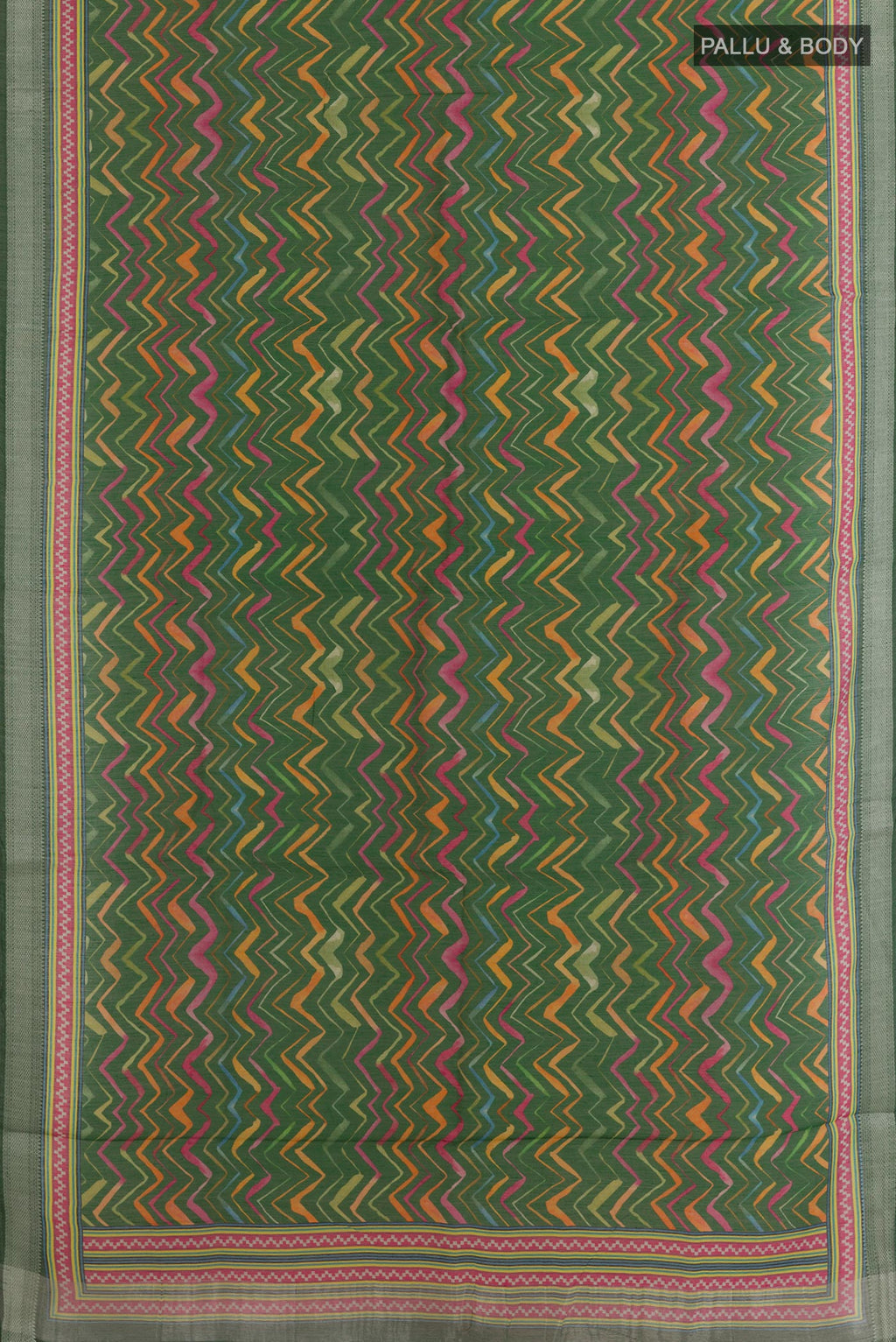 Flat view of Green Tussar Silk Saree with Printed design on the body and Zari Border. 