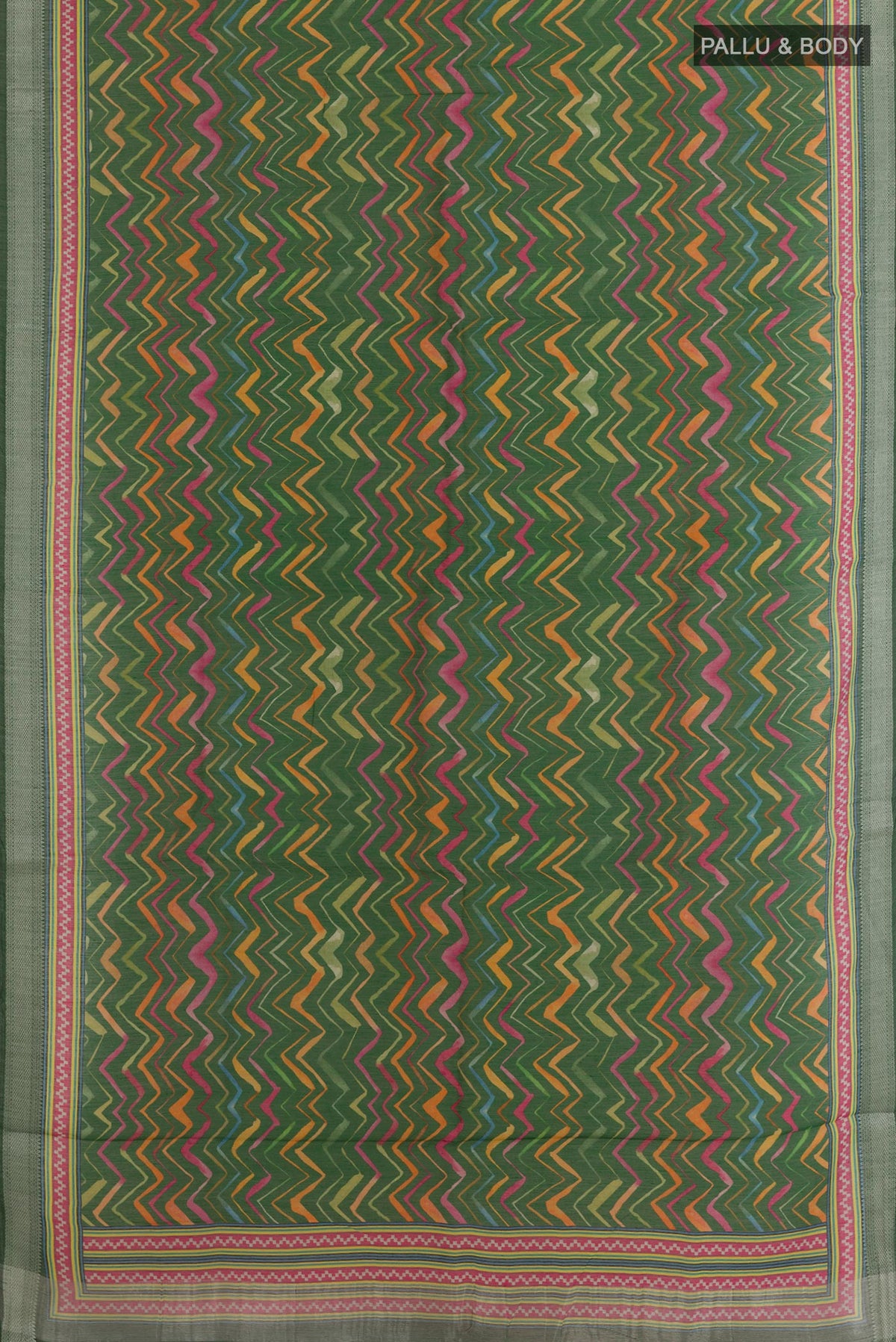 Flat view of Green Tussar Silk Saree with Printed design on the body and Zari Border. 