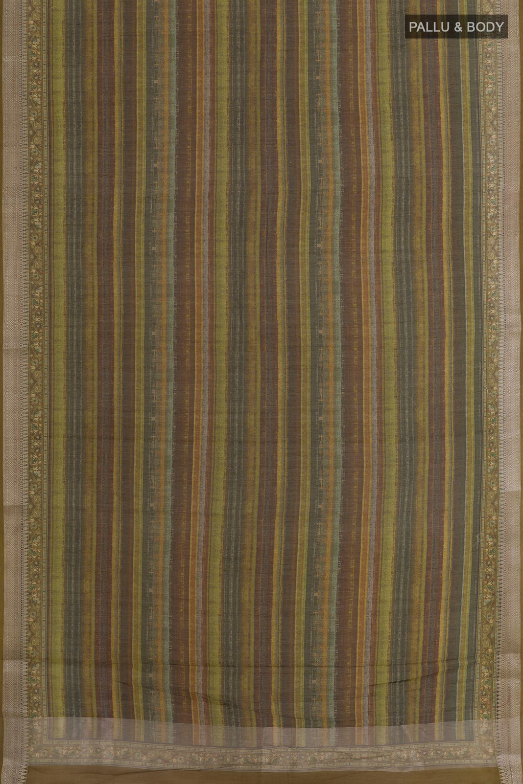 Flat view of Multi Color Tussar Silk Saree with Printed design on the body and Zari Border. 