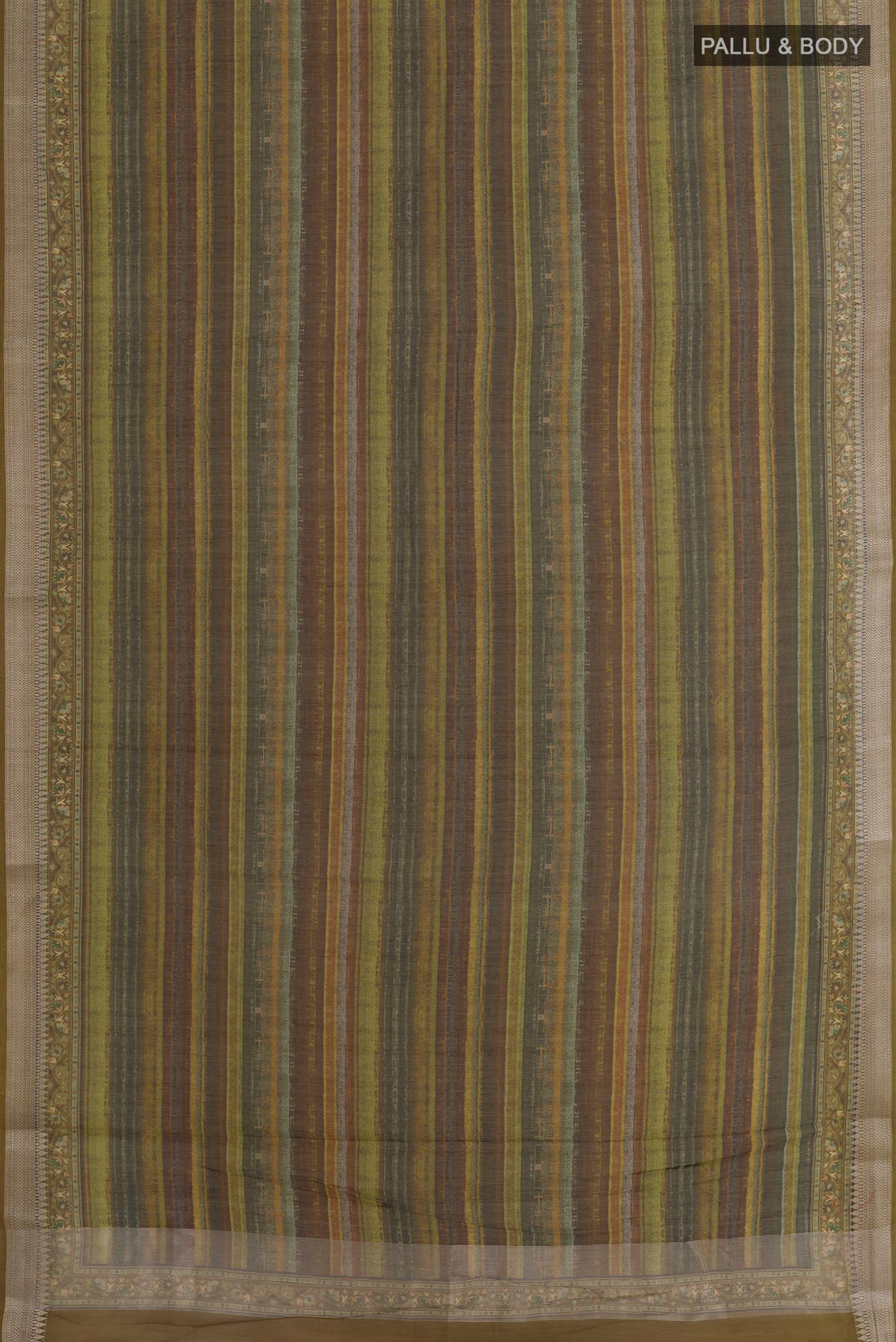 Flat view of Multi Color Tussar Silk Saree with Printed design on the body and Zari Border. 