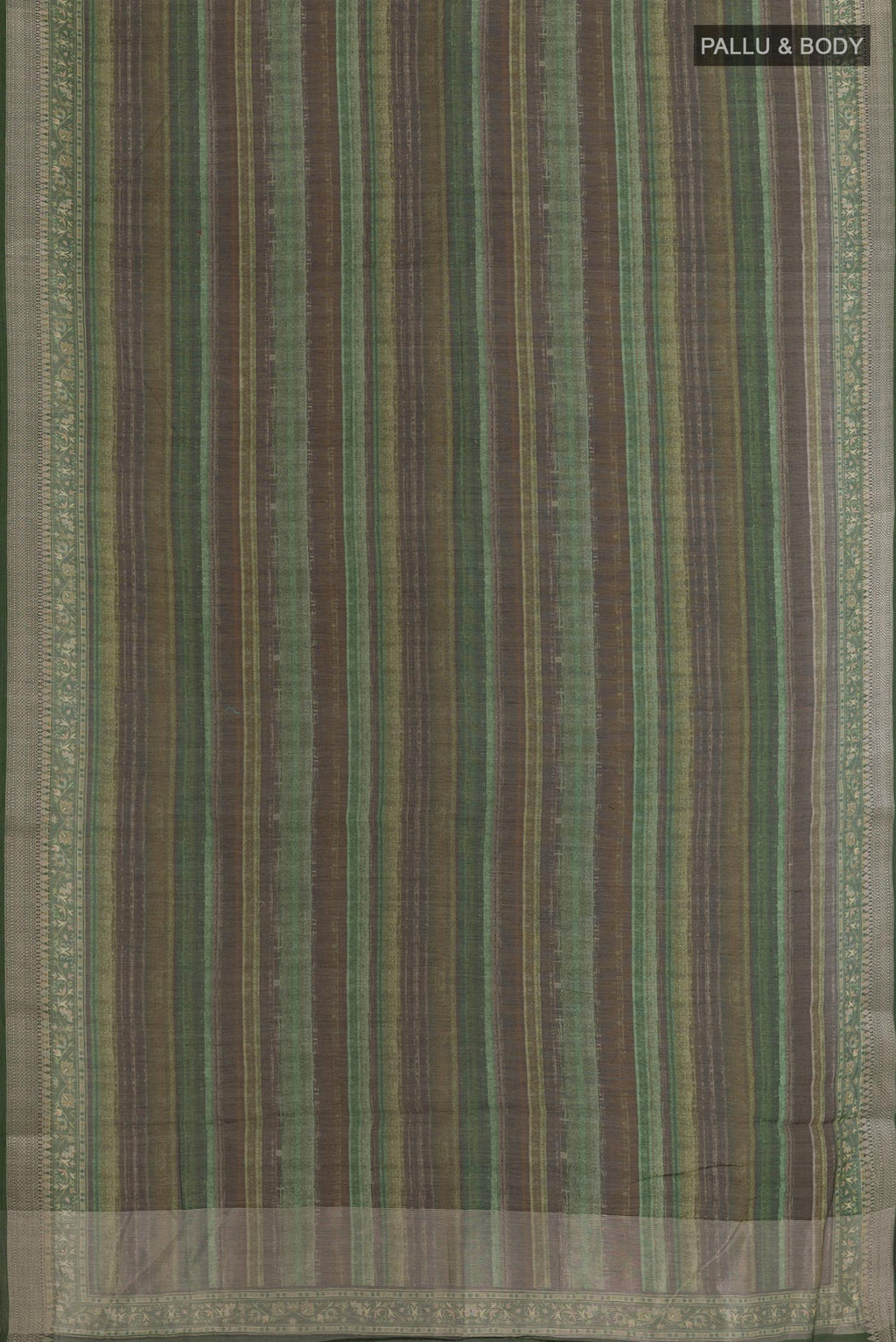 Flat view of Multi Color Tussar Silk Saree with Printed design on the body and Zari Border. 
