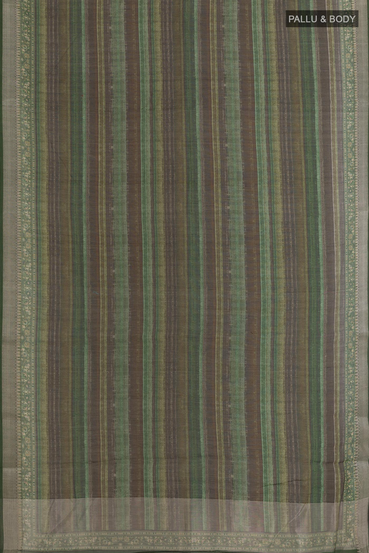 Flat view of Multi Color Tussar Silk Saree with Printed design on the body and Zari Border. 
