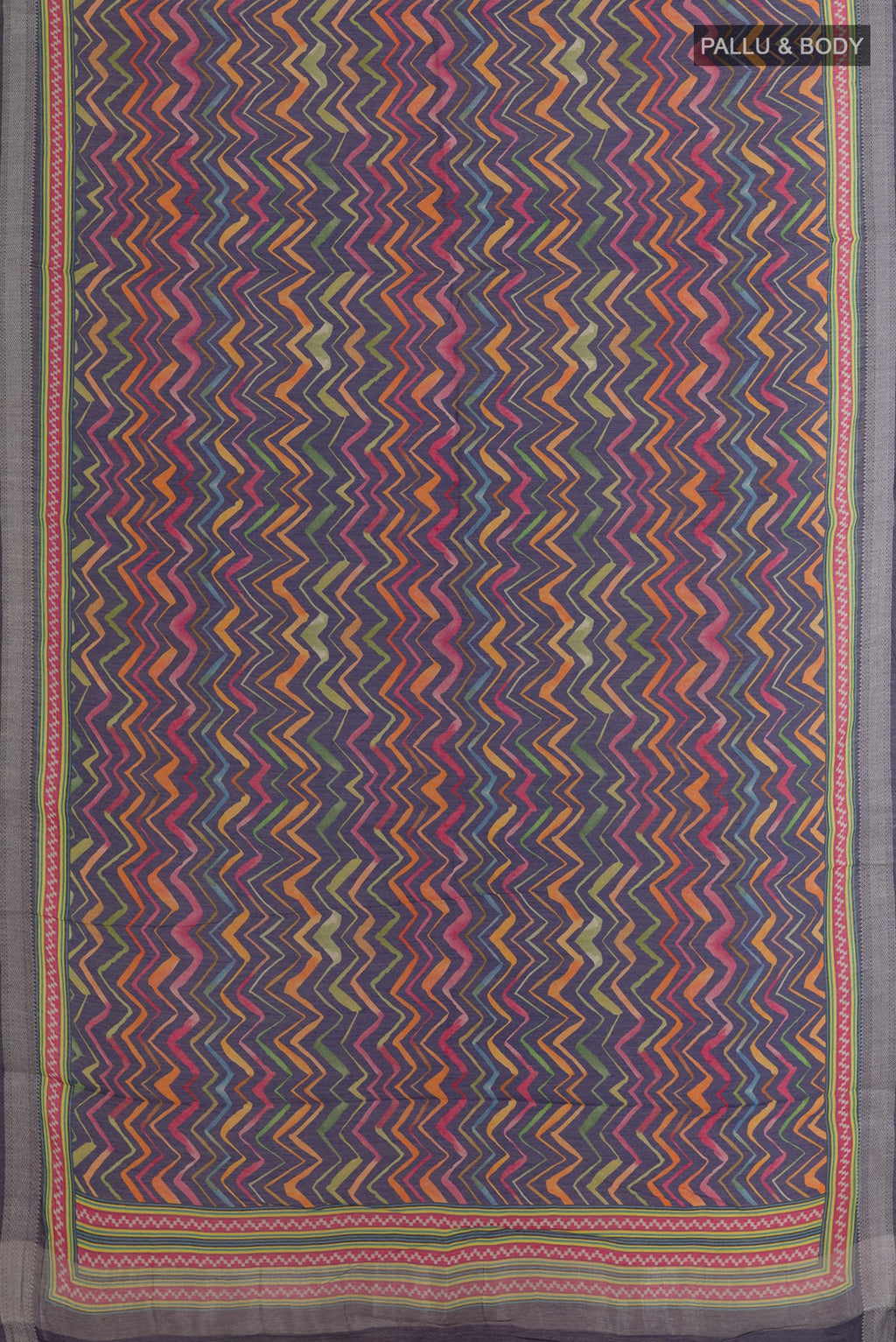 Flat view of Blue Tussar Silk Saree with Printed design on the body and Zari Border. 