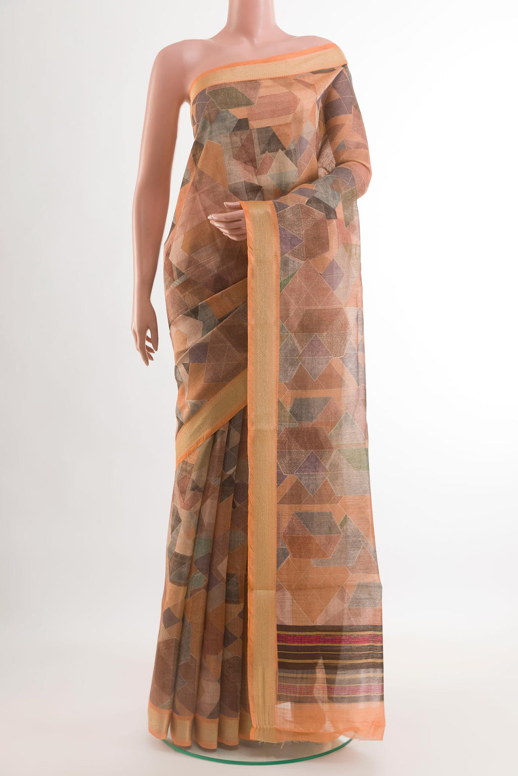 Multi Color Tussar Silk Saree with Printed design on the body and Zari Border.  displayed on a mannequin