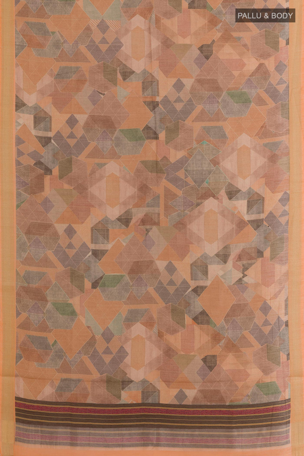 Flat view of Multi Color Tussar Silk Saree with Printed design on the body and Zari Border. 