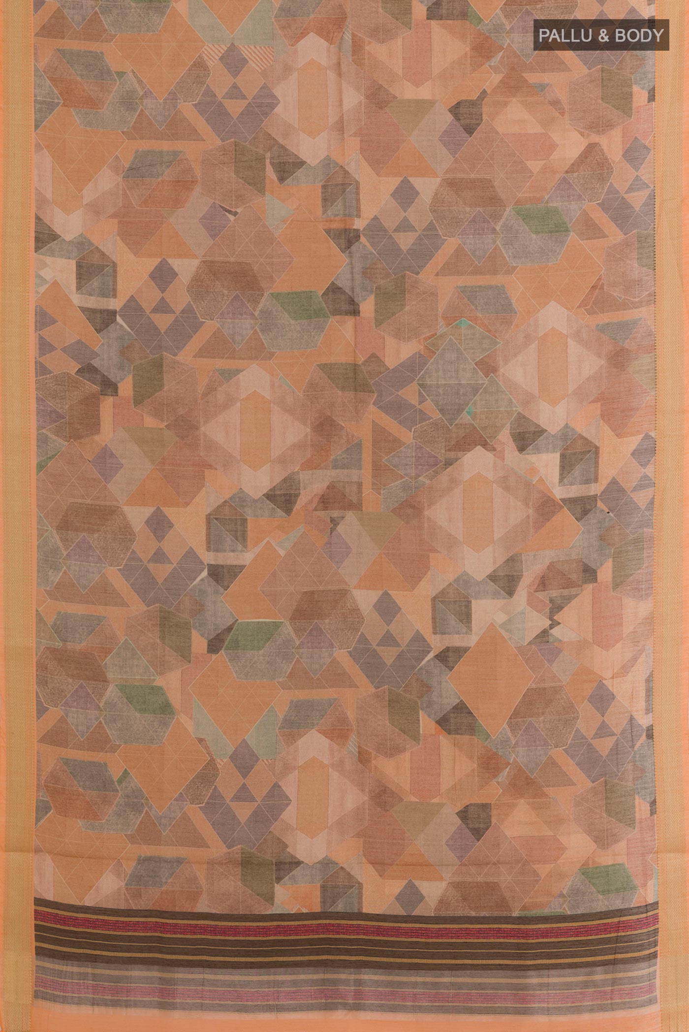 Flat view of Multi Color Tussar Silk Saree with Printed design on the body and Zari Border. 