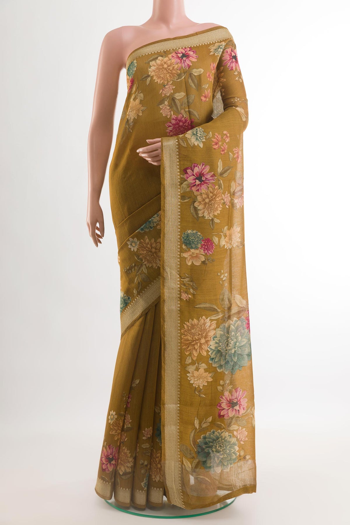 Mehandi Green Tussar Silk Saree with Printed design on the body and Zari Border.  displayed on a mannequin