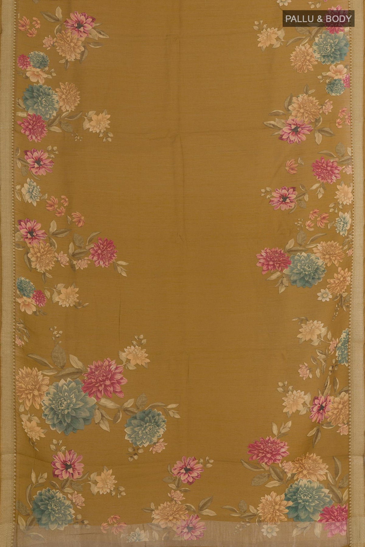 Flat view of Mehandi Green Tussar Silk Saree with Printed design on the body and Zari Border. 