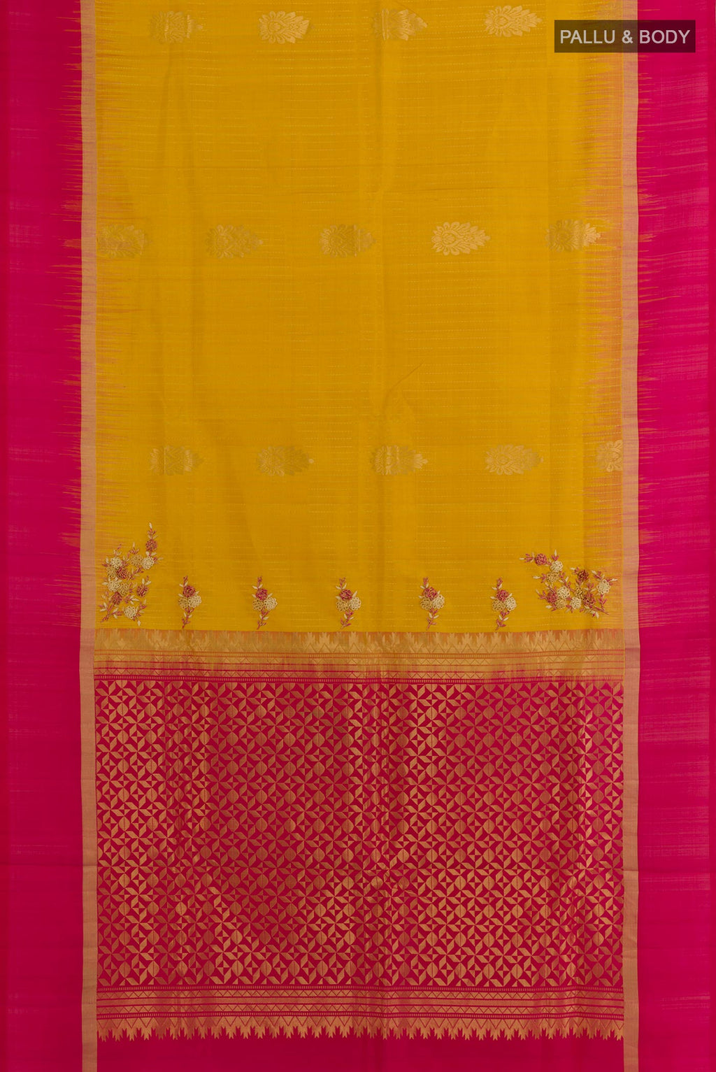 Flat view of Yellow Soft Silk Saree with Zari Butta on the body and Zari Border. 