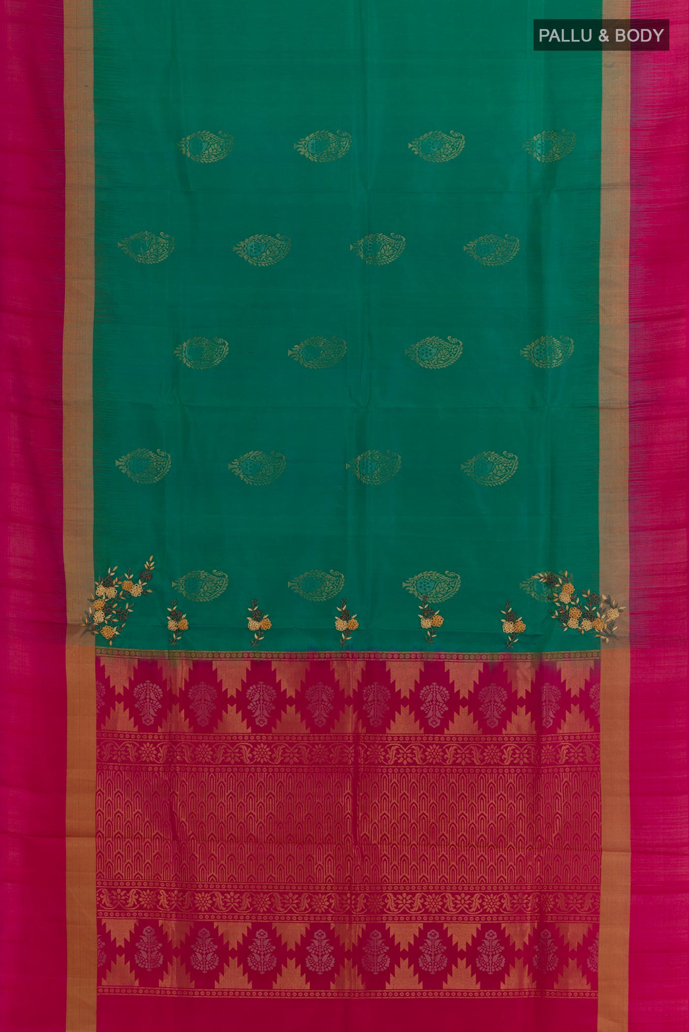 Flat view of Sea Green Soft Silk Saree with Zari Butta on the body and Zari Border. 