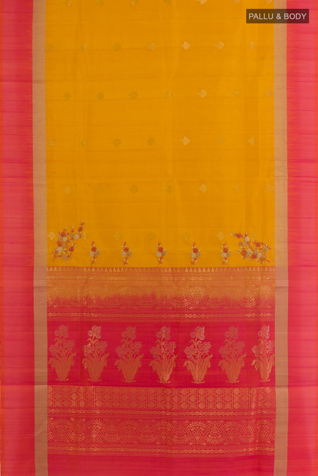 Flat view of Yellow Soft Silk Saree with Zari Butta on the body and Zari Border. 