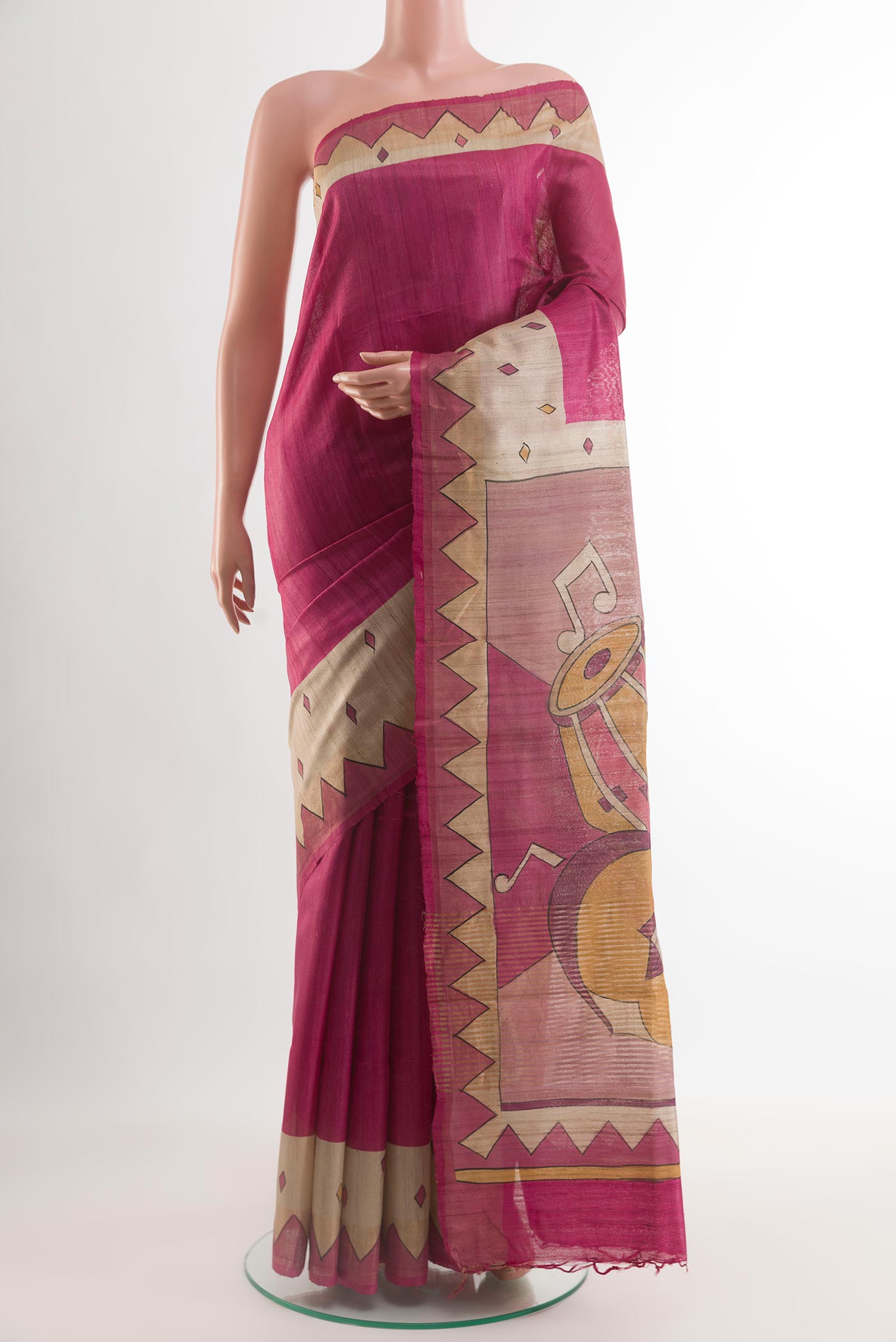 Pink Tussar Silk Saree with Plain Body and Printed Border.  displayed on a mannequin