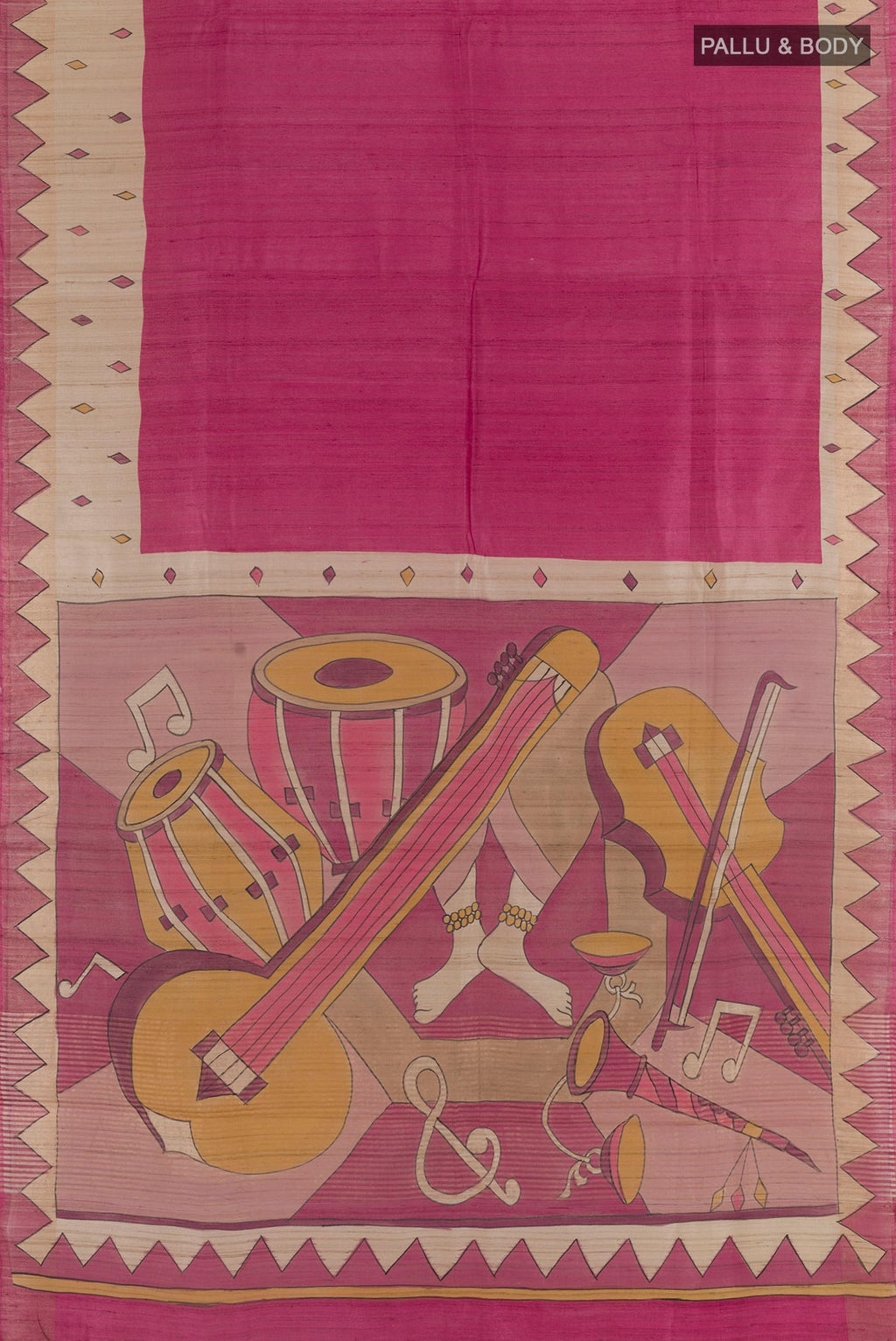 Flat view of Pink Tussar Silk Saree with Plain Body and Printed Border. 