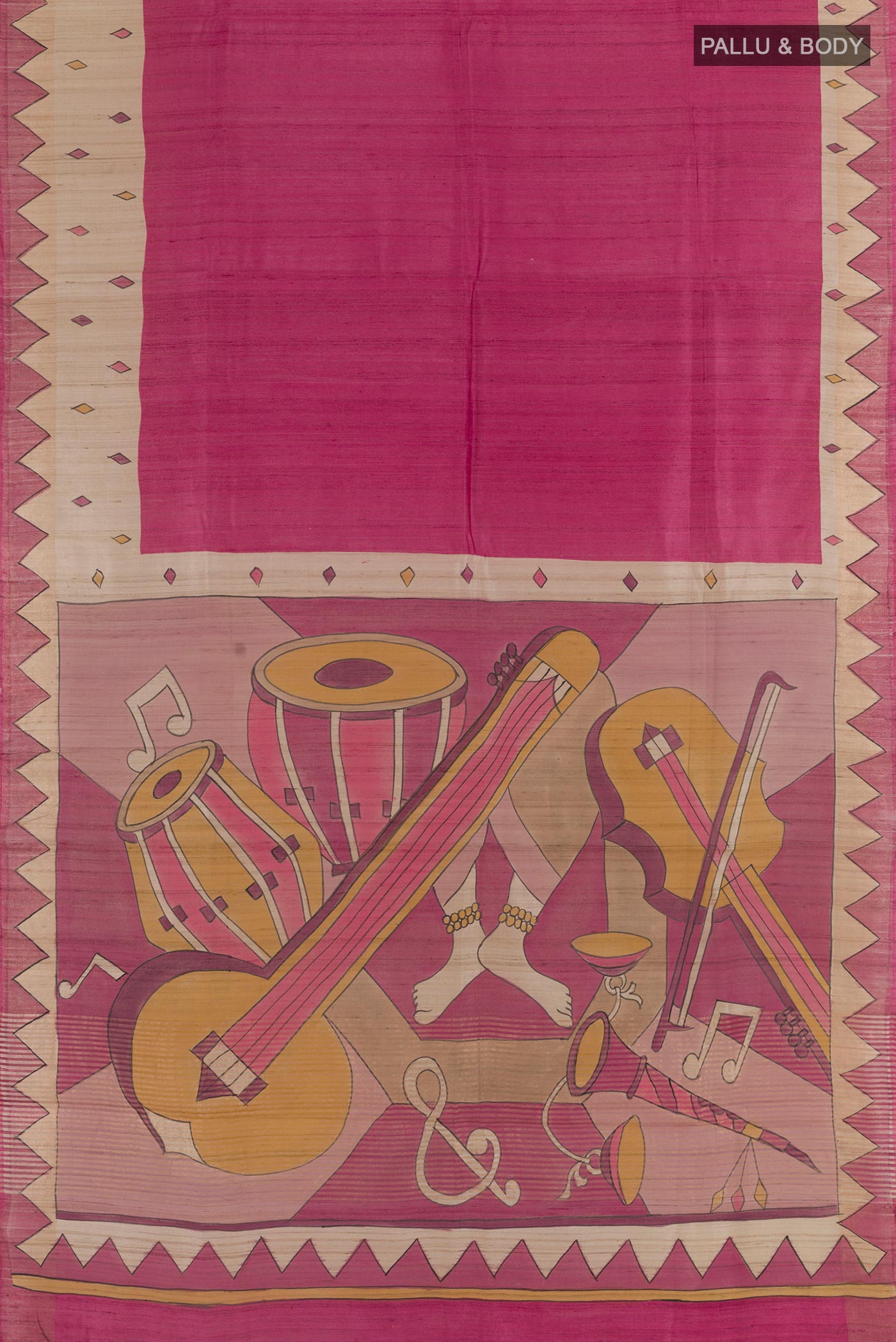 Flat view of Pink Tussar Silk Saree with Plain Body and Printed Border. 