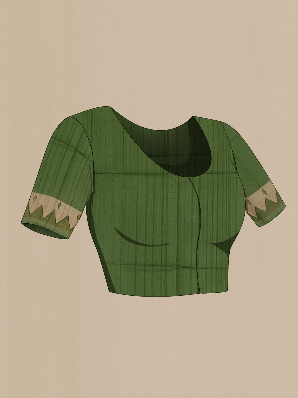 Close up image of the blouse of Green Tussar Silk Saree with Plain Body and Printed Border. 
