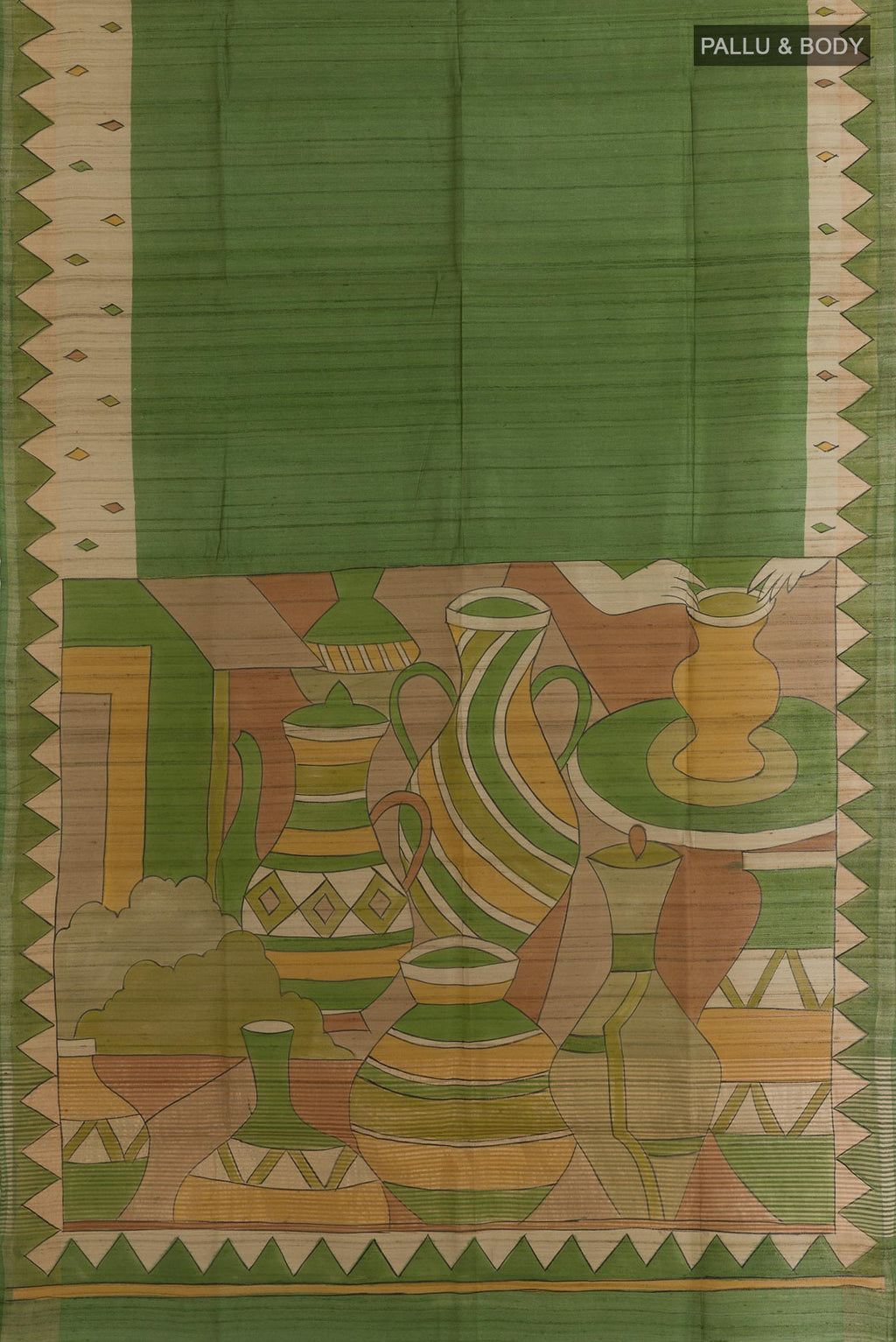Flat view of Green Tussar Silk Saree with Plain Body and Printed Border. 