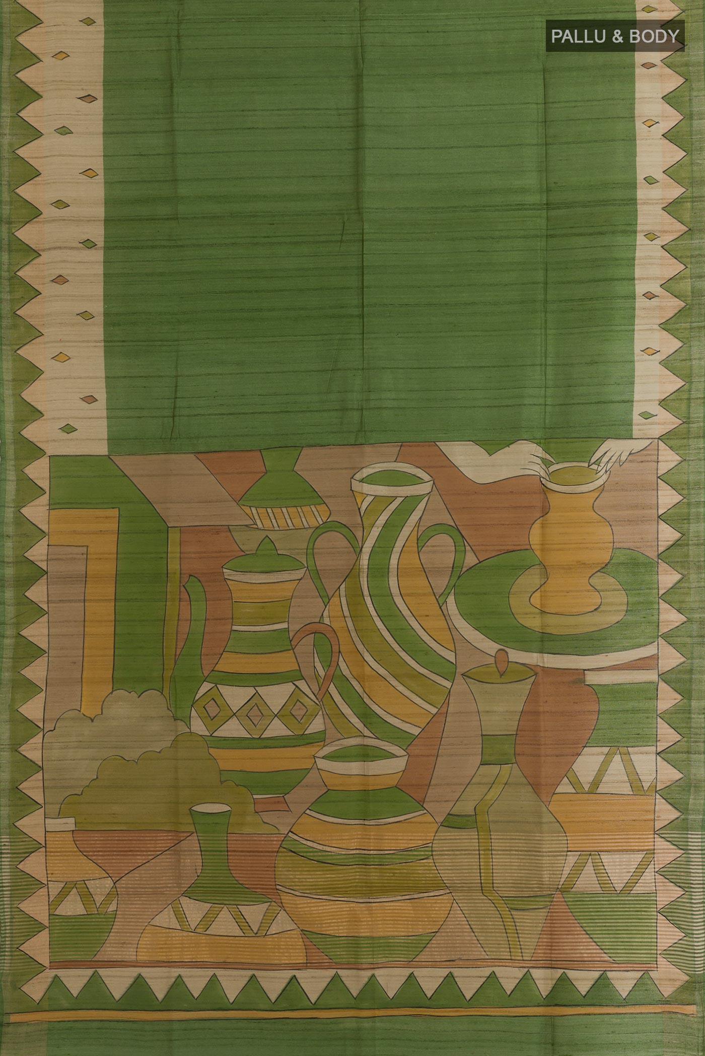 Flat view of Green Tussar Silk Saree with Plain Body and Printed Border. 