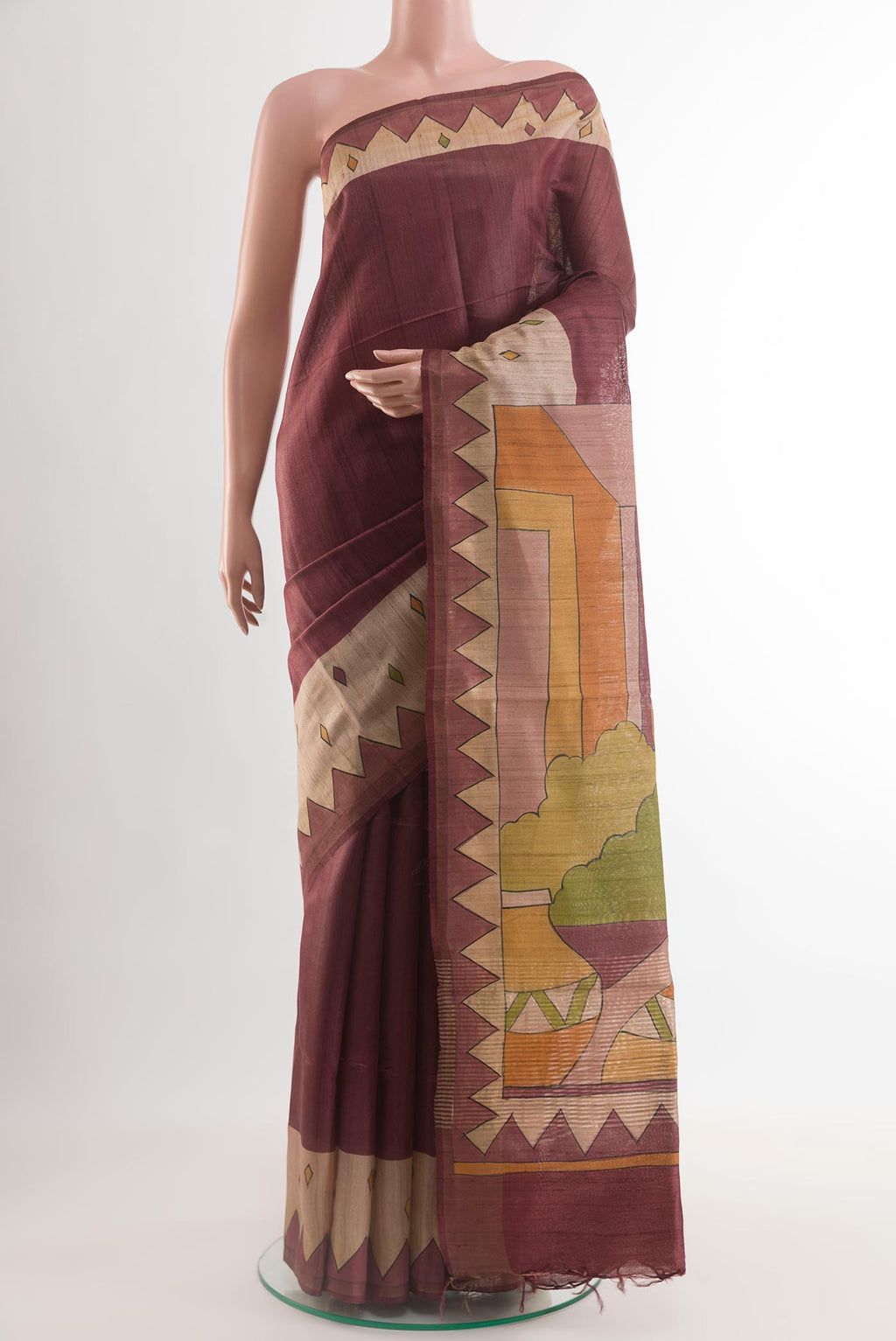 Coffee Brown Tussar Silk Saree with Plain Body and Printed Border.  displayed on a mannequin