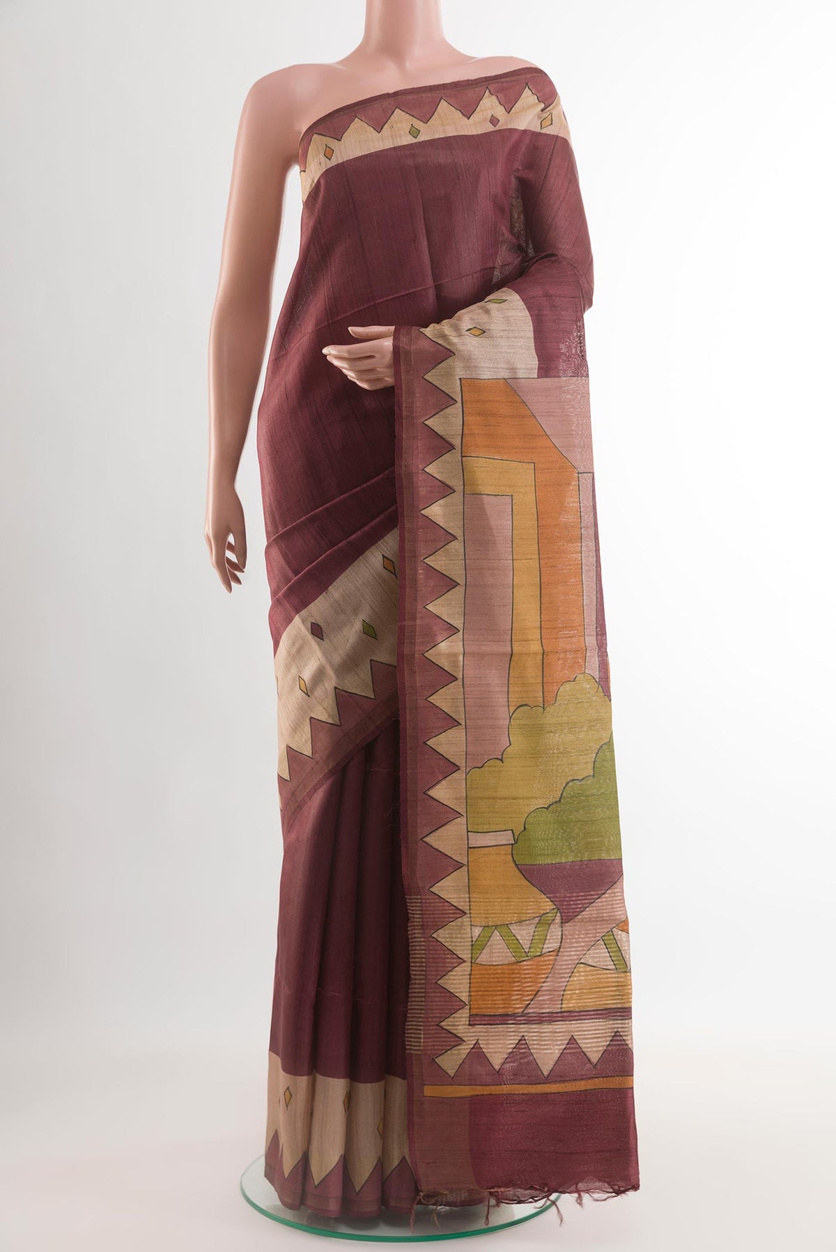 Coffee Brown Tussar Silk Saree with Plain Body and Printed Border.  displayed on a mannequin